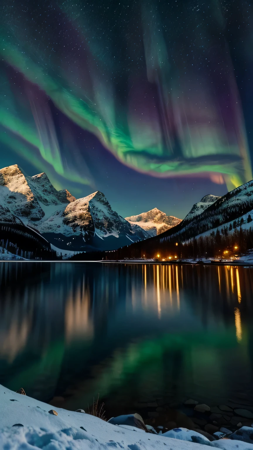 Generate a scientifically realistic photo of the aurora above a snowy mountainous landscape with a clear lake. Masterpiece, best quality, high quality, highly detailed CG unity 8k wallpaper, textured landscape, award-winning stock photography, bokeh, depth of field, HDR, bloom, chromatic aberration, ((photorealistic)), highly detailed, rich colors, dramatic lighting