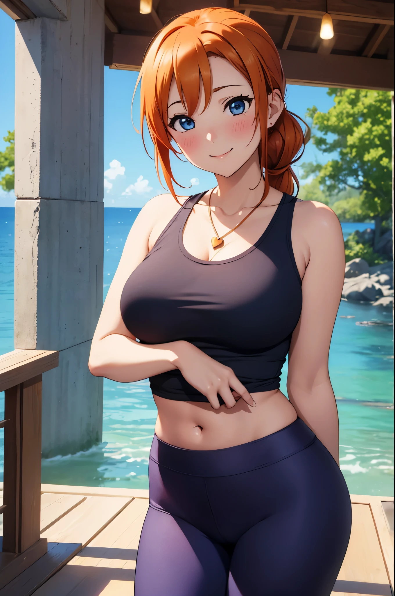 (Masterpiece, Best Quality, High Quality),(chibi),kousaka honoka, orange hair,low ponytail, blue eyes, volumetric lighting, illustration, beautiful, tight , Blushing, breasts, looking at viewer, red tank top, blue yoga pants, sweating,solo, curvy body, looking to the side, confident, seductive smile, (arms behind back, head tilt:1.1), heart pendant,perfect lighting, perfect shadows, flower, (breathtaking scenery:1.1), tree, blushing