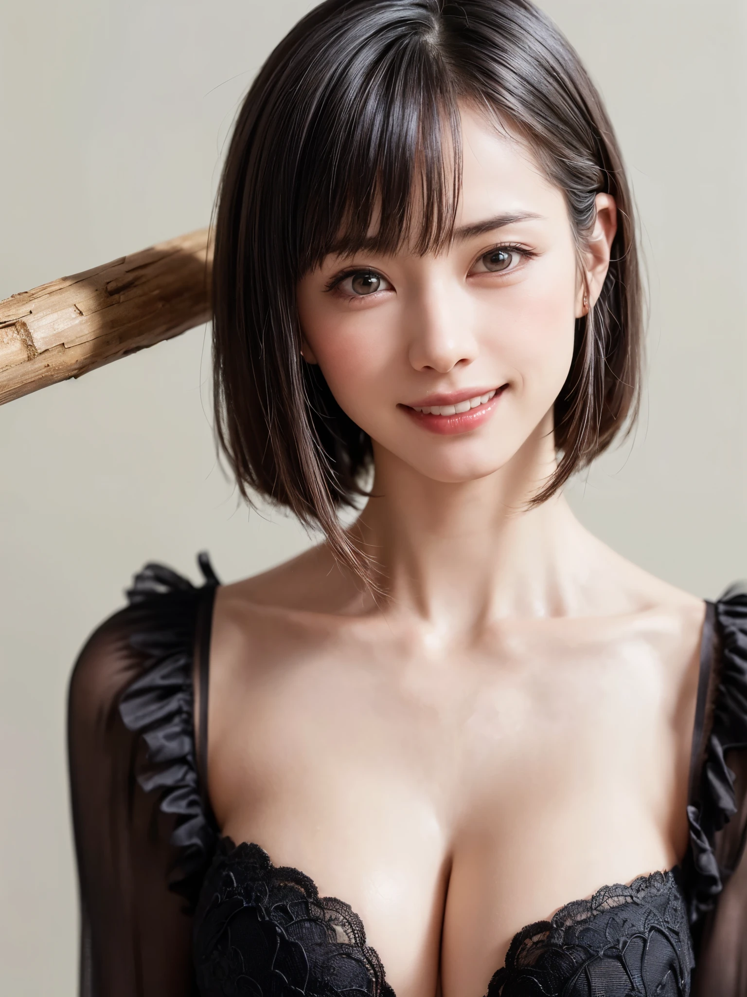 (table top, highest quality、ultra high resolution、face focus focus、focus on the sides、navel focus、decolletage focus、very attractive beauty、Adds intense highlights to the eyes、look closely at the camera:1.4、Absolutely beautiful bangs:1.4、Brunette short bob hair with bangs:1.4),1 girl, Report, black haired, realistic, looking at the viewer, pale black eyes, short hair, lips, lip gloss, Upper body、Big eyes、eyelash)、((italian natural background、hyper real stick:1.4))、((short hair with bangs:1.4、Beautiful bangs with 46 points:1.4、{Huge|big|Hugeな|mega} chest:2, cleavage:2、Big eyes、Give students very powerful highlights、very bigger chest、look at the audience、very beautiful beauty、show me your ears、beautiful long neck、beautiful decollete、smile、A smilee　beautiful teeth、Open your mouth and smilee))、28 years old、very cute super model、perfect anatomy