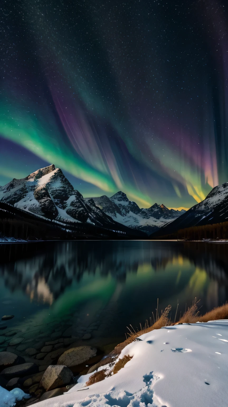 Generate a scientifically realistic photo of the aurora above a snowy mountainous landscape with a clear lake. Masterpiece, best quality, high quality, highly detailed CG unity 8k wallpaper, textured landscape, award-winning stock photography, bokeh, depth of field, HDR, bloom, chromatic aberration, ((photorealistic)), highly detailed, rich colors, dramatic lighting