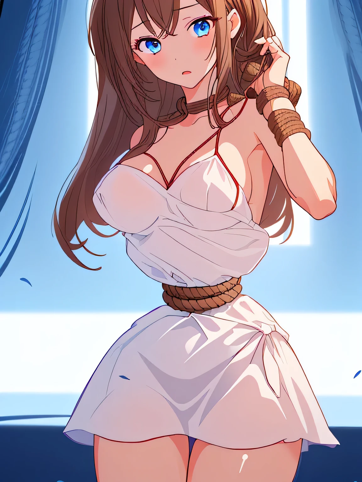 ((masterpiece)), ((highest quality)), (super detailed), torture chamber,(((Waist bound tightly with rope))),pretty girl, 1 girl, alone, white slip dress,beautiful brown hair, (beautiful blue eyes), long hair, expression of agony