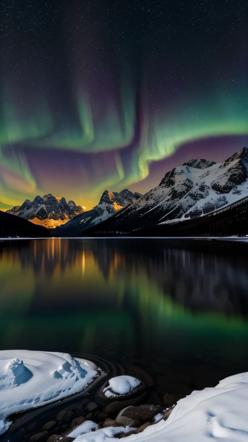 Generate a scientifically realistic photo of the aurora above a snowy mountainous landscape with a clear lake. Masterpiece, best quality, high quality, highly detailed CG unity 8k wallpaper, textured landscape, award-winning stock photography, bokeh, depth of field, HDR, bloom, chromatic aberration, ((photorealistic)), highly detailed, rich colors, dramatic lighting