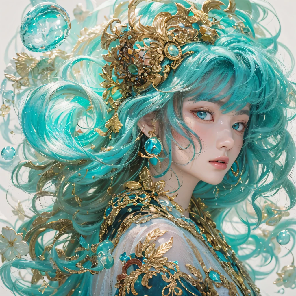 浅蓝 blue colors,enamel,agate,A flesh-colored world,Blood Blue Maiden 32k(masterpiece,HD,Aoyama Pond,Ultra high quality,32k)long flowing bright blue hair,blood pool,Ziddink, a color,Grumpy (After greeting), (Linen scarf), fighting stance, looking at the ground, long white hair, Floating bright blue, Fire cloud gold headdress, Chinese long-sleeved gold silk burgundy garment, (Abstract metaverse splash:1.2), White background,Peony flower vitality protector(realistically:1.4),bright purple hair,Smoke on the road,The background is very pure, high resolution, detail, RAW photos, Sharp Re, Nikon D850 film photo by Jefferies Lee 4 Kodak Portra 400 camera F1.6 guns, colorful, Ultra-realistic and vivid textures, dramatic lighting, Unreal Engine Art Station Trend, Sinest 800,一个有着long flowing bright blue hair的女孩,huge colorful bubbles