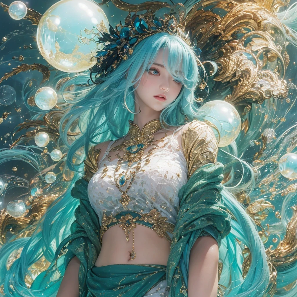 浅蓝 blue colors，enamel，agate，A flesh-colored world，Blood Blue Maiden 32k（masterpiece，HD，Aoyama Pond，Ultra high quality，32k）long flowing bright blue hair，blood pool，Ziddink， a color，Grumpy （After greeting）， （Linen scarf）， fighting stance， looking at the ground， long white hair， Floating bright blue， Fire cloud gold headdress， Chinese long-sleeved gold silk burgundy garment， （Abstract metaverse splash：1.2）， White background，Peony flower vitality protector（realistically：1.4），bright purple hair，Smoke on the road，The background is very pure， high resolution， detail， RAW photos， Sharp Re， Nikon D850 film photo by Jefferies Lee 4 Kodak Portra 400 camera F1.6 guns, colorful, Ultra-realistic and vivid textures, dramatic lighting, Unreal Engine Art Station Trend, Sinest 800，一个有着long flowing bright blue hair的女孩，huge colorful bubbles