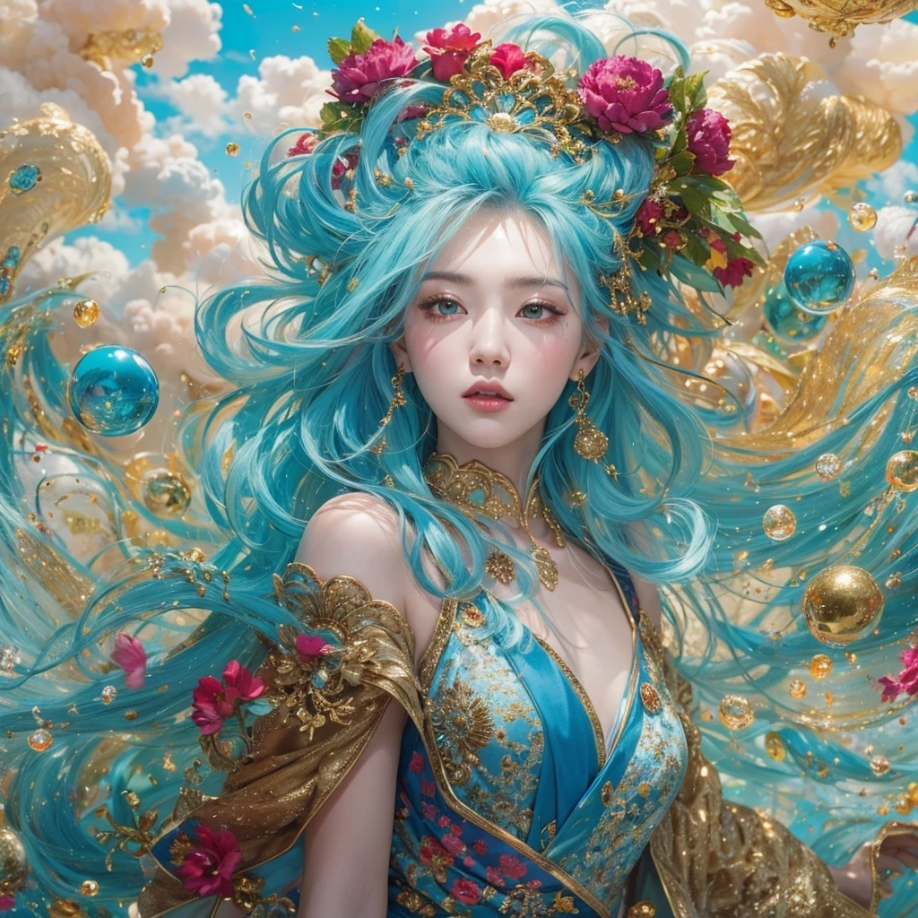 浅蓝 blue colors,enamel,agate,A flesh-colored world,Blood Blue Maiden 32k(masterpiece,HD,Aoyama Pond,Ultra high quality,32k)long flowing bright blue hair,blood pool,Ziddink, a color,Grumpy (After greeting), (Linen scarf), fighting stance, looking at the ground, long white hair, Floating bright blue, Fire cloud gold headdress, Chinese long-sleeved gold silk burgundy garment, (Abstract metaverse splash:1.2), White background,Peony flower vitality protector(realistically:1.4),bright purple hair,Smoke on the road,The background is very pure, high resolution, detail, RAW photos, Sharp Re, Nikon D850 film photo by Jefferies Lee 4 Kodak Portra 400 camera F1.6 guns, colorful, Ultra-realistic and vivid textures, dramatic lighting, Unreal Engine Art Station Trend, Sinest 800,一个有着long flowing bright blue hair的女孩,huge colorful bubbles