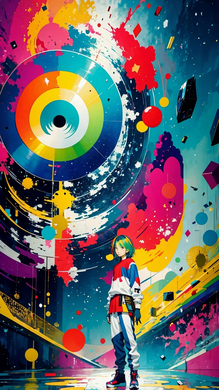 (masterpiece, best quality:1.2), Graffiti漫画,Graffiti, wall, whole picture, High resolution and high contrast,simple,knight,alone,Abstract surreal colors, popular geometric surrealism, rainbow colored dreams