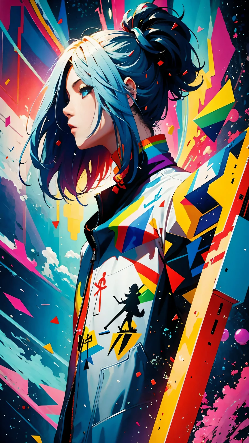 (masterpiece, best quality:1.2), Graffiti漫画,Graffiti, wall, whole picture, High resolution and high contrast,simple,knight,alone,Abstract surreal colors, popular geometric surrealism, rainbow colored dreams