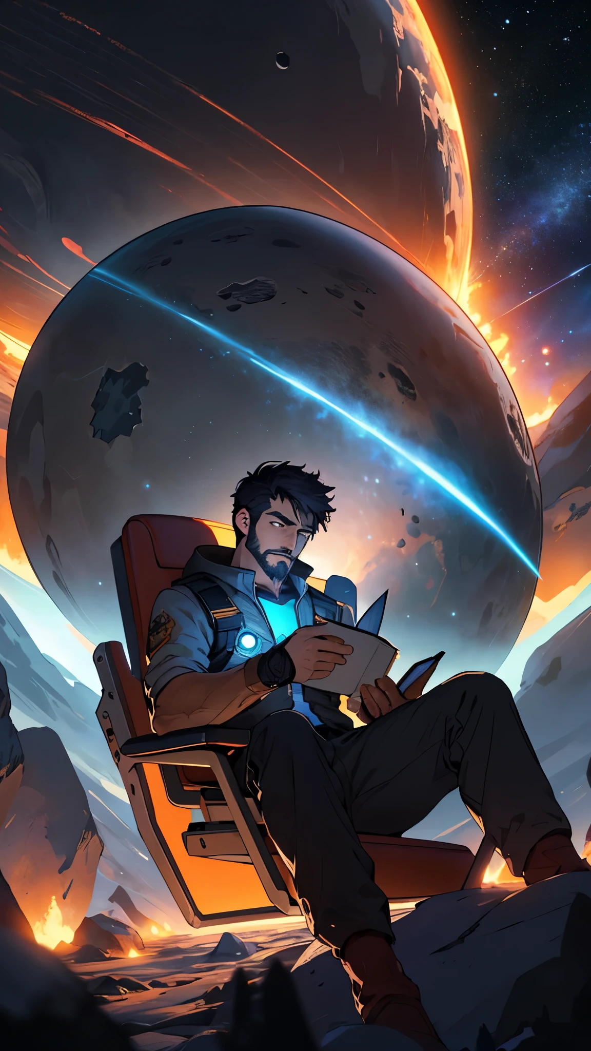 Draw a young programmer, sitting on a research platform floating in the middle of an asteroid belt. He is studying with a notebook, surrounded by several asteroids glowing with fiery auras. Dramatic lighting from distant stars and planets illuminates the scene, casting deep shadows on the suit. The young man looks confident and determined, looking at the vast and mysterious universe with wonder and respect,facial hair, cowboy shot,