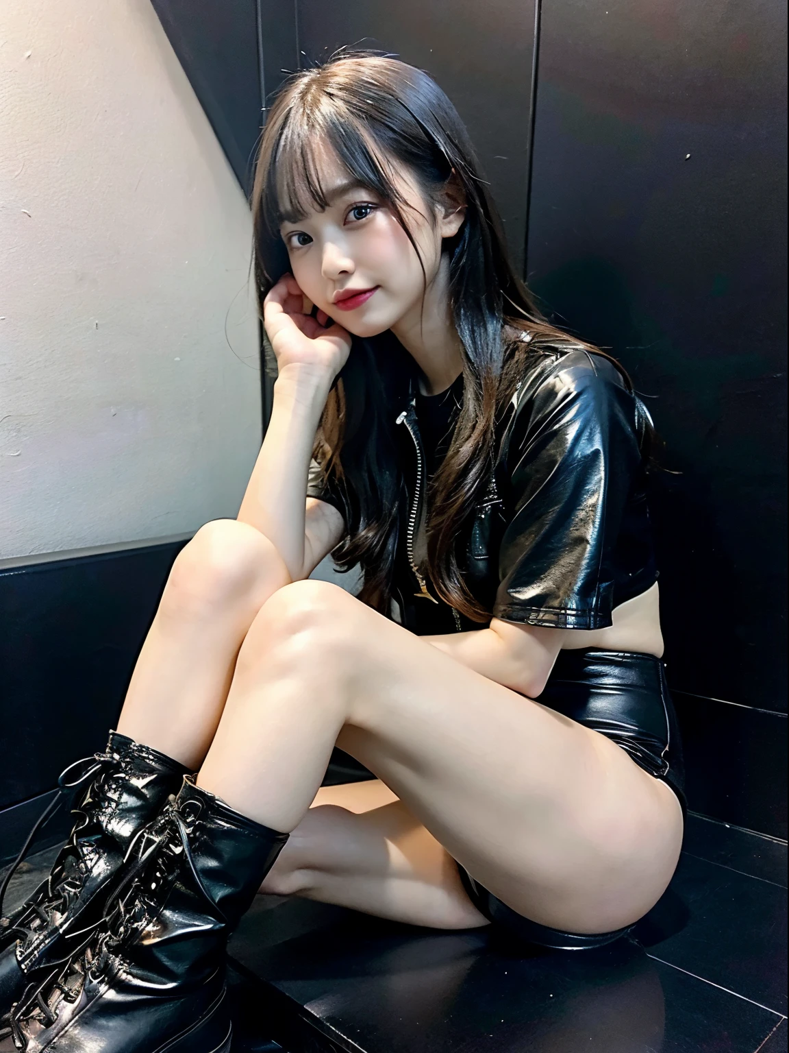 High resolution,table top,highest quality,very detailed, surreal, with a girl, The whole body is shown, wavy hair, black leather mini skirt,look away, profile, so beautiful,cute, 8k wallpaper, small details, very detailed8K壁紙 , gravure, model,foot fetish,foot