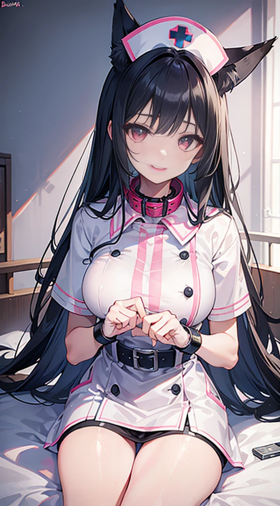 high quality, masterpiece, Super detailed, 1 girl,  detailed face，white nurse uniform，Nurse gloves，nurse cap，BDSM,handcuffs，collar，calm expression,bright red lips，Smile，handcuffs，collar，long black hair, charming pink eyes, fox ears, Ridiculously big, shiny skin, sitting on hospital bed，hospital background，hospital ward