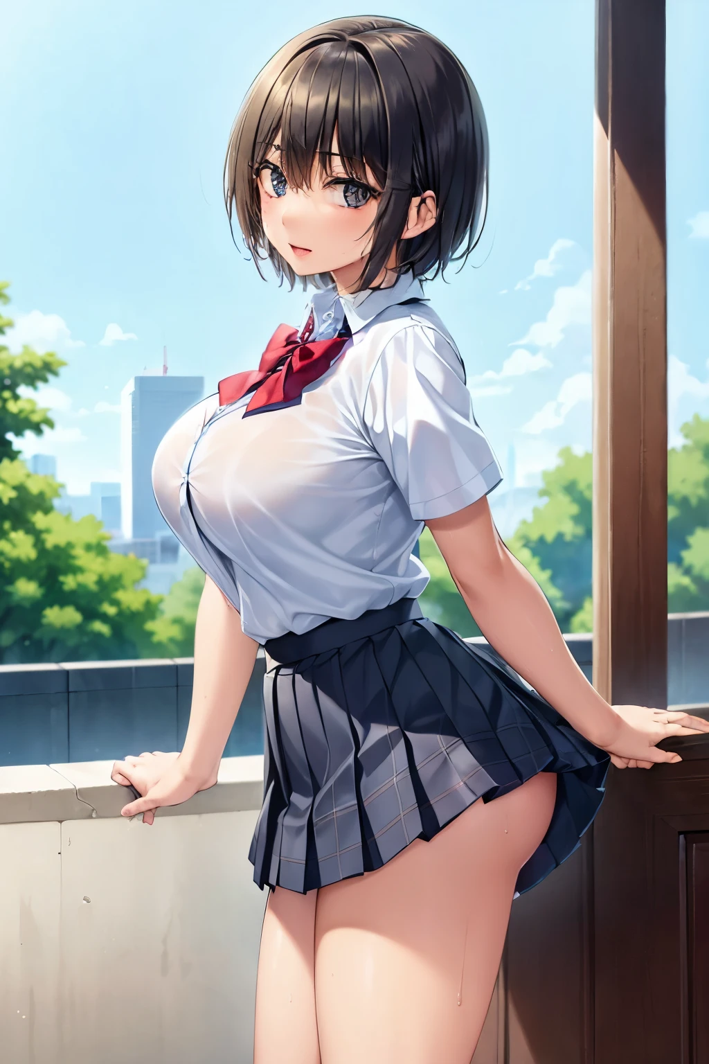 (masterpiece, highest quality, super detailed) (1boy and 1girl:1.5), (sumika), shota, 1boy, 1girl, breasts, hetero, solo focus,, pov (slim:1.7), short hair, black hair, (big breasts:1.5), raised, Wet , Sweat,  beautiful face,  (Big eyes:1.5), cute,  fog,   (school uniform:0.6), (white shits:1.4), (Pleated skirt:1.4)  (from side:1.5),  JP SCHOOL UNIFORM, bra showing through clothes, pink bra, JS_ShortSkirt, (micro mini skirt)