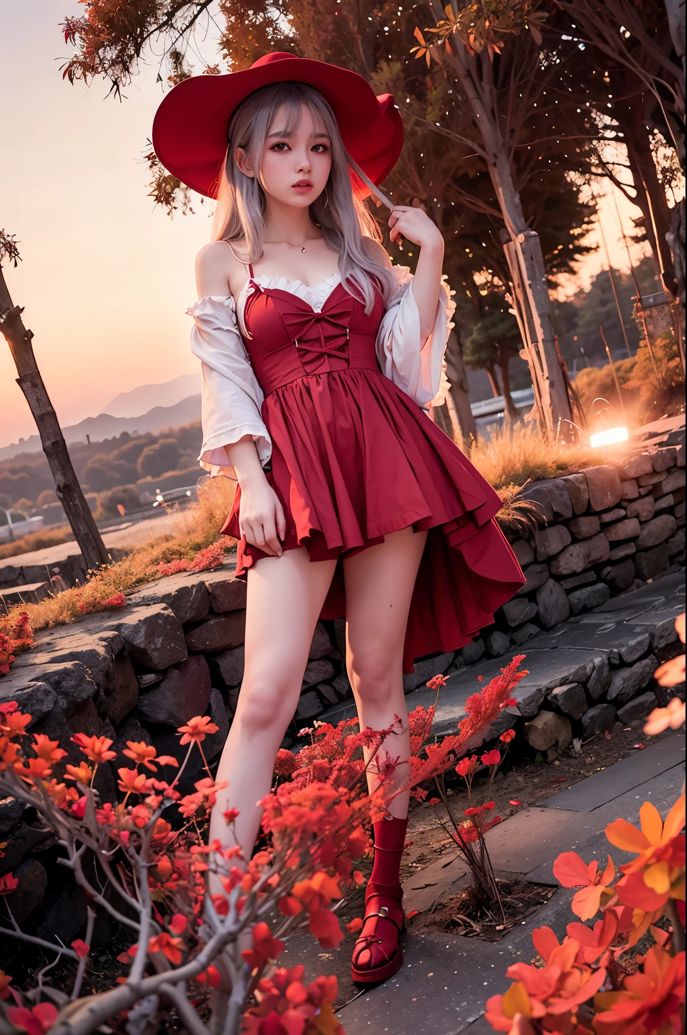 RAW photo, (Full HD epic wallpaper),8K,hyper HD, Digital SLR, Soft lighting, High quality, filmgrain, Fujifilm XT3,The eyes are delicate and clear,The face is super clear,(1 person, femele:1.2),( A half body), Long gray hair, (The camera is focused on the knee:1.3),Solo, Detailed background, Detailed face, Pale complexion, Lolita costume, Red robe, , Floating particles, particle fx,, red flames, the are In the background, Surrounded by a crimson mist, Sunset, symetrical composition, Epic atmosphere,