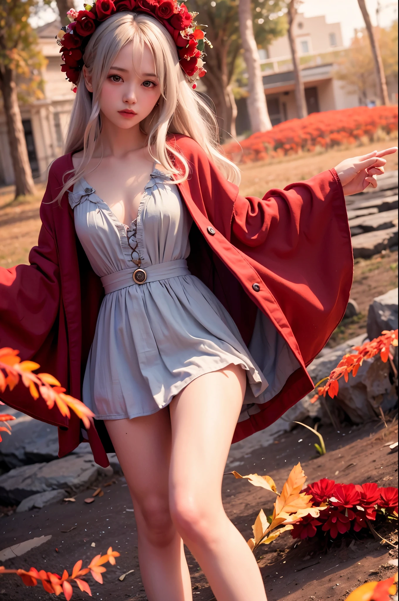 RAW photo, (Full HD epic wallpaper),8K,hyper HD, Digital SLR, Soft lighting, High quality, filmgrain, Fujifilm XT3,The eyes are delicate and clear,The face is super clear,(1 person, femele:1.2),( A half body), Long gray hair, (The camera is focused on the knee:1.3),Solo, Detailed background, Detailed face, Pale complexion, Lolita costume, Red robe, , Floating particles, particle fx,, red flames, the are In the background, Surrounded by a crimson mist, Sunset, symetrical composition, Epic atmosphere,