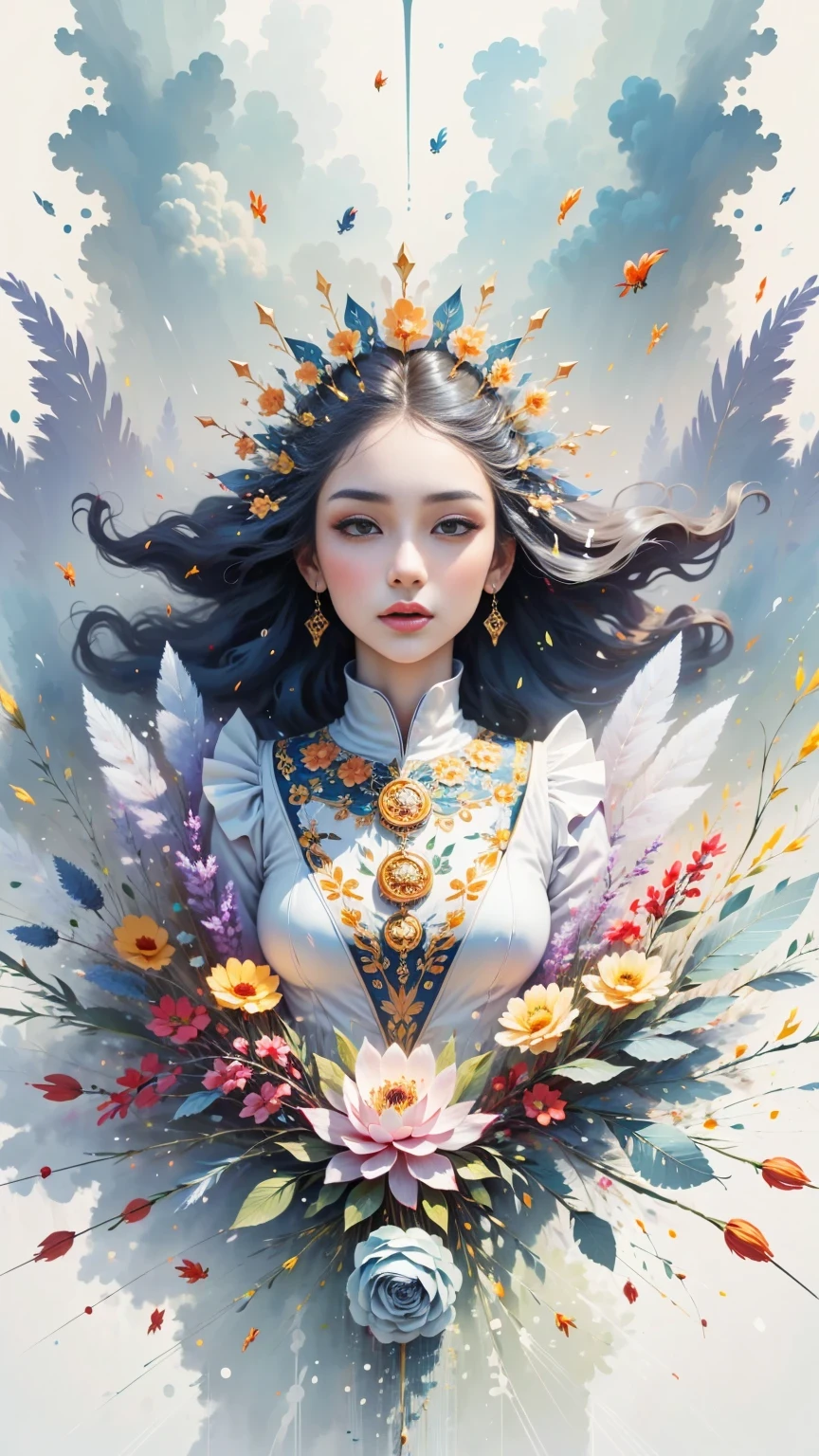 (((White cloud background))), (((high saturation))), ((Surrounded by brilliant colors)))) super detailed, Beautiful and beautiful, masterpiece, best quality, (tangled, mandala, tangled, twist), (Fractal art: 1.3), 1 girl, Very detailed, dynamic angle, cowboy shooting, Chaos in its most beautiful form, elegant, brutalist design, bright colors, romanticism, Michael Mraz, Adrian Gurney, Petra Courtright, Atmospheric, ecstatic notes, Mobile phone notes are visible