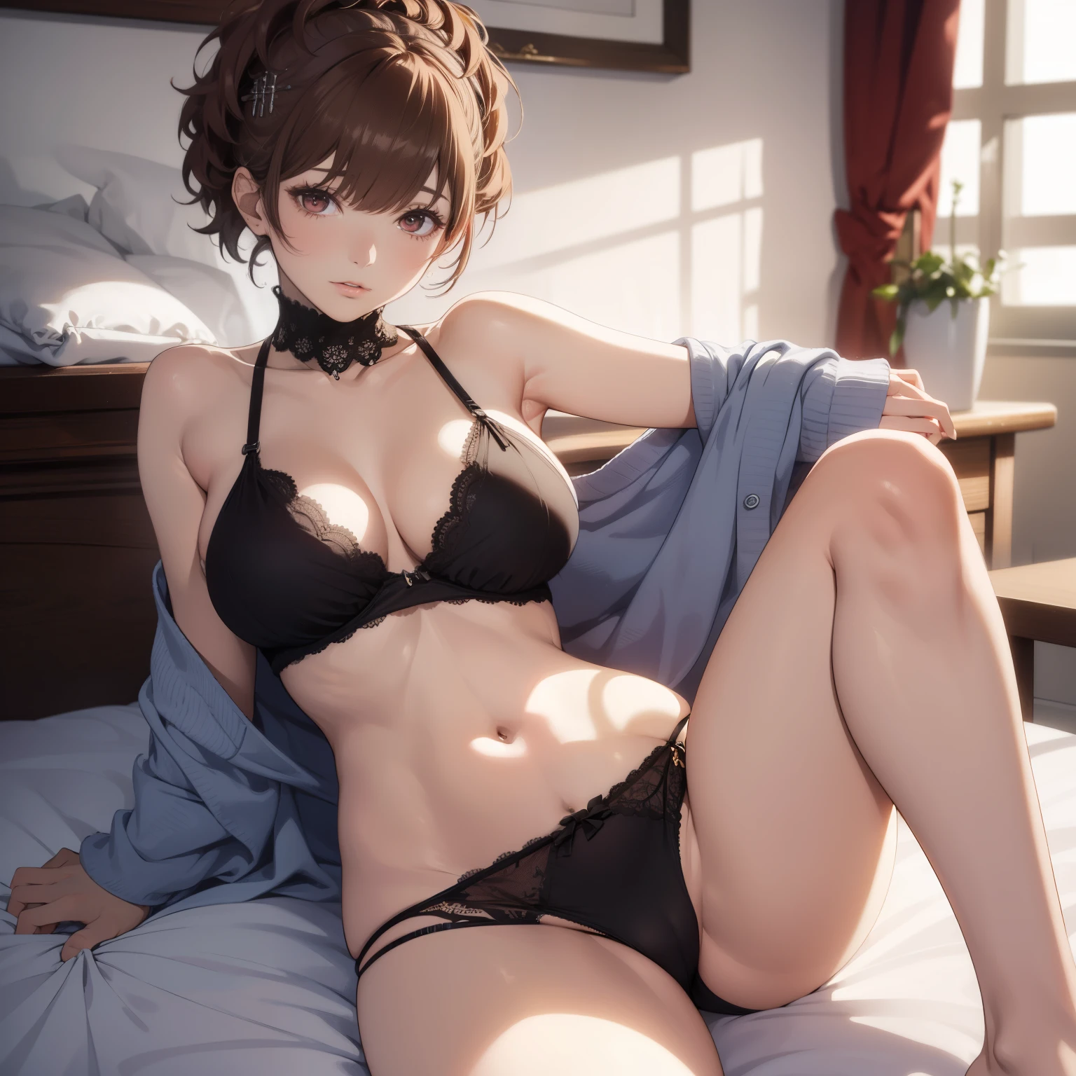 (An exquisitely rendered masterpiece of) a young and beautiful 22-year-old woman, (soundly asleep) with brown short hair and (cross bangs), (possessing large breasts) that are thick and full, (wearing pajamas consisting of a top and dolphin shorts), (lying in bed) with closed eyes and a peaceful expression, (her slightly black lace panties visible) between her legs in a wide shot, (covered by a blanket) that is folded at the foot of the bed.

(High definition, ultra-realistic, intricate details), masterpiece, best quality, a woman, sleeping, brown hair, bangs, large breasts,