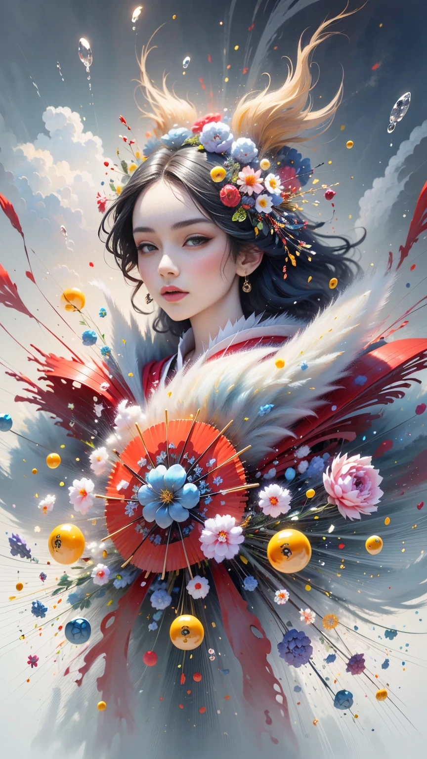 (((White cloud background))), (((high saturation))), ((Surrounded by brilliant colors)))) super detailed, Beautiful and beautiful, masterpiece, best quality, (tangled, mandala, tangled, twist), (Fractal art: 1.3), 1 girl, Very detailed, dynamic angle, cowboy shooting, Chaos in its most beautiful form, elegant, brutalist design, bright colors, romanticism, Michael Mraz, Adrian Gurney, Petra Courtright, Atmospheric, ecstatic notes, Mobile phone notes are visible