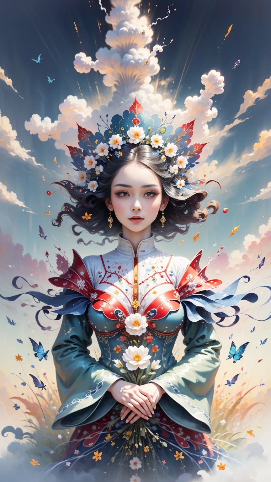 (((White cloud background))), (((high saturation))), ((Surrounded by brilliant colors)))) super detailed, Beautiful and beautiful, masterpiece, best quality, (tangled, mandala, tangled, twist), (Fractal art: 1.3), 1 girl, Very detailed, dynamic angle, cowboy shooting, Chaos in its most beautiful form, elegant, brutalist design, bright colors, romanticism, Michael Mraz, Adrian Gurney, Petra Courtright, Atmospheric, ecstatic notes, Mobile phone notes are visible