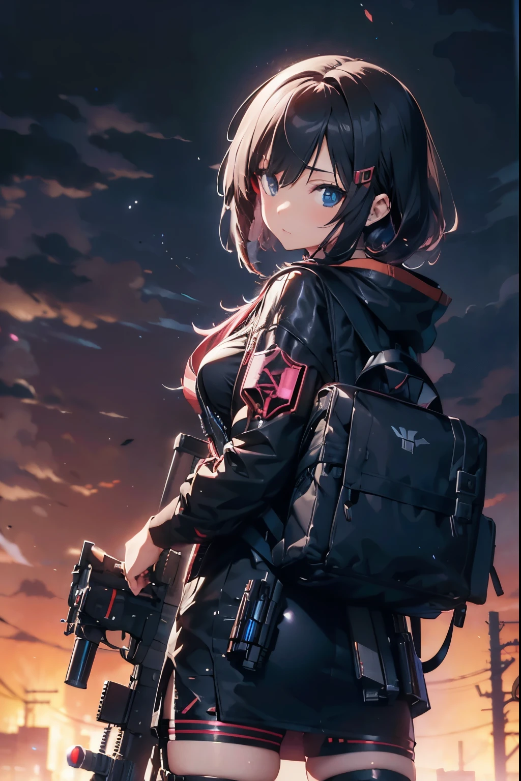 masterpiece, best quality, ultra detailed, ultra high res, best aesthetic, having a machine gun, 16k, An anime girl with a gun and a backpack stands on the rooftop, cyberpunk anime girl, anime cyberpunk art, cyberpunk anime art, cyberpunk atmosphere, digital cyberpunk anime art, anime cyberpunk, modern cyberpunk anime, female cyberpunk anime girl, cyberpunk art style, Digital Cyberpunk - Anime Art, cyberpunk girl, cyberpunk anime girl mech, Cyberpunk themed art, in a cyberpunk style