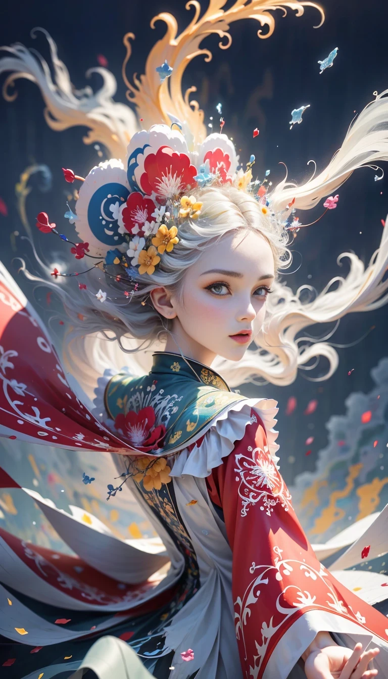 (((White cloud background))), (((high saturation))), ((Surrounded by brilliant colors)))) super detailed, Beautiful and beautiful, masterpiece, best quality, (tangled, mandala, tangled, twist), (Fractal art: 1.3), 1 girl, Very detailed, dynamic angle, cowboy shooting, Chaos in its most beautiful form, elegant, brutalist design, bright colors, romanticism, Michael Mraz, Adrian Gurney, Petra Courtright, Atmospheric, ecstatic notes, Mobile phone notes are visible