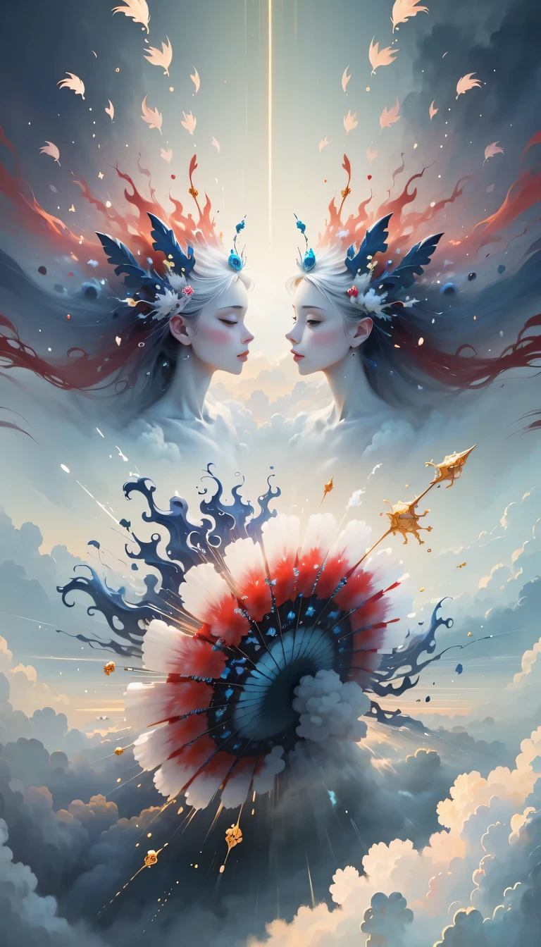 (((White cloud background))), (((high saturation))), ((Surrounded by brilliant colors)))) super detailed, Beautiful and beautiful, masterpiece, best quality, (tangled, mandala, tangled, twist), (Fractal art: 1.3), 1 girl, Very detailed, dynamic angle, cowboy shooting, Chaos in its most beautiful form, elegant, brutalist design, bright colors, romanticism, Michael Mraz, Adrian Gurney, Petra Courtright, Atmospheric, ecstatic notes, Mobile phone notes are visible