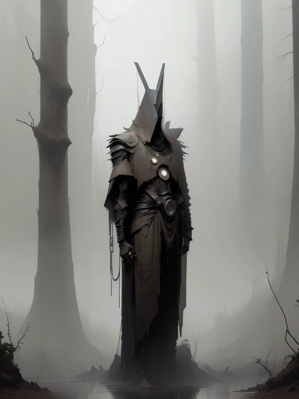 Lanky tall robot, muddied frame, thin mechanical body, sharp angular plating covering body, triangular head shape, triangular visor, (wearing a large circular flat hat), strong build, wide shoulders, very large halo, in a damp rotting forest, foggy air, ominous presence, dirty clothes, three legs, very mossy