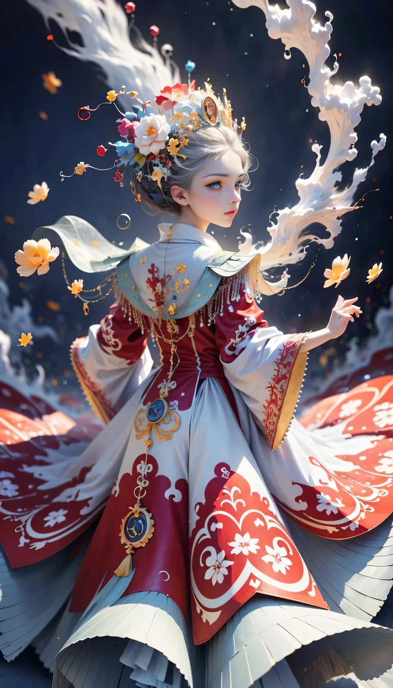 (((White cloud background))), (((high saturation))), ((Surrounded by brilliant colors)))) super detailed, Beautiful and beautiful, masterpiece, best quality, (tangled, mandala, tangled, twist), (Fractal art: 1.3), 1 girl, Very detailed, dynamic angle, cowboy shooting, Chaos in its most beautiful form, elegant, brutalist design, bright colors, romanticism, Michael Mraz, Adrian Gurney, Petra Courtright, Atmospheric, ecstatic notes, Mobile phone notes are visible