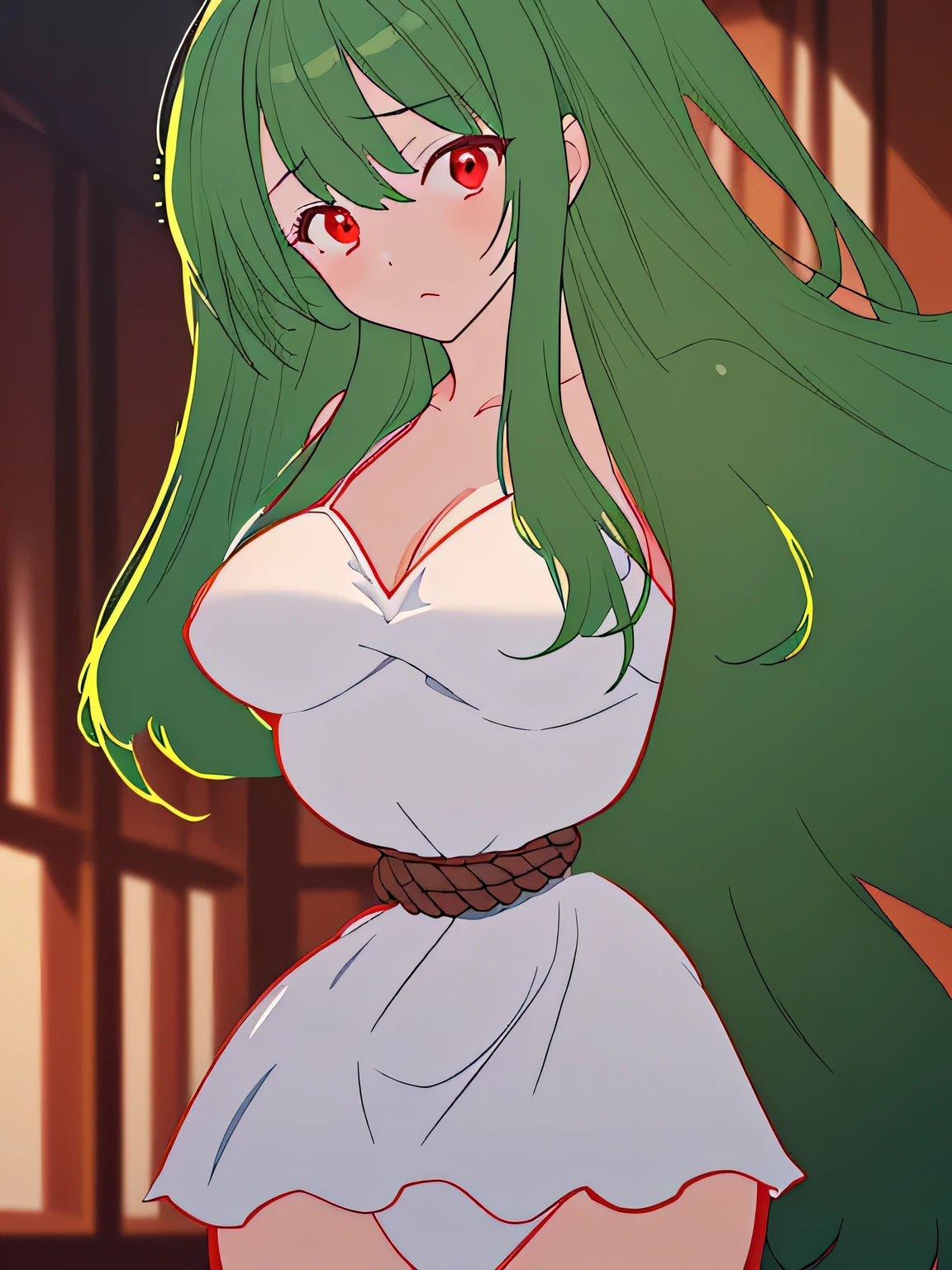 ((masterpiece)), ((highest quality)), (super detailed), torture chamber,(((Waist bound tightly with rope))),pretty girl, 1 girl, alone, white slip dress,beautiful green hair, (beautiful red eyes), long hair, expression of agony