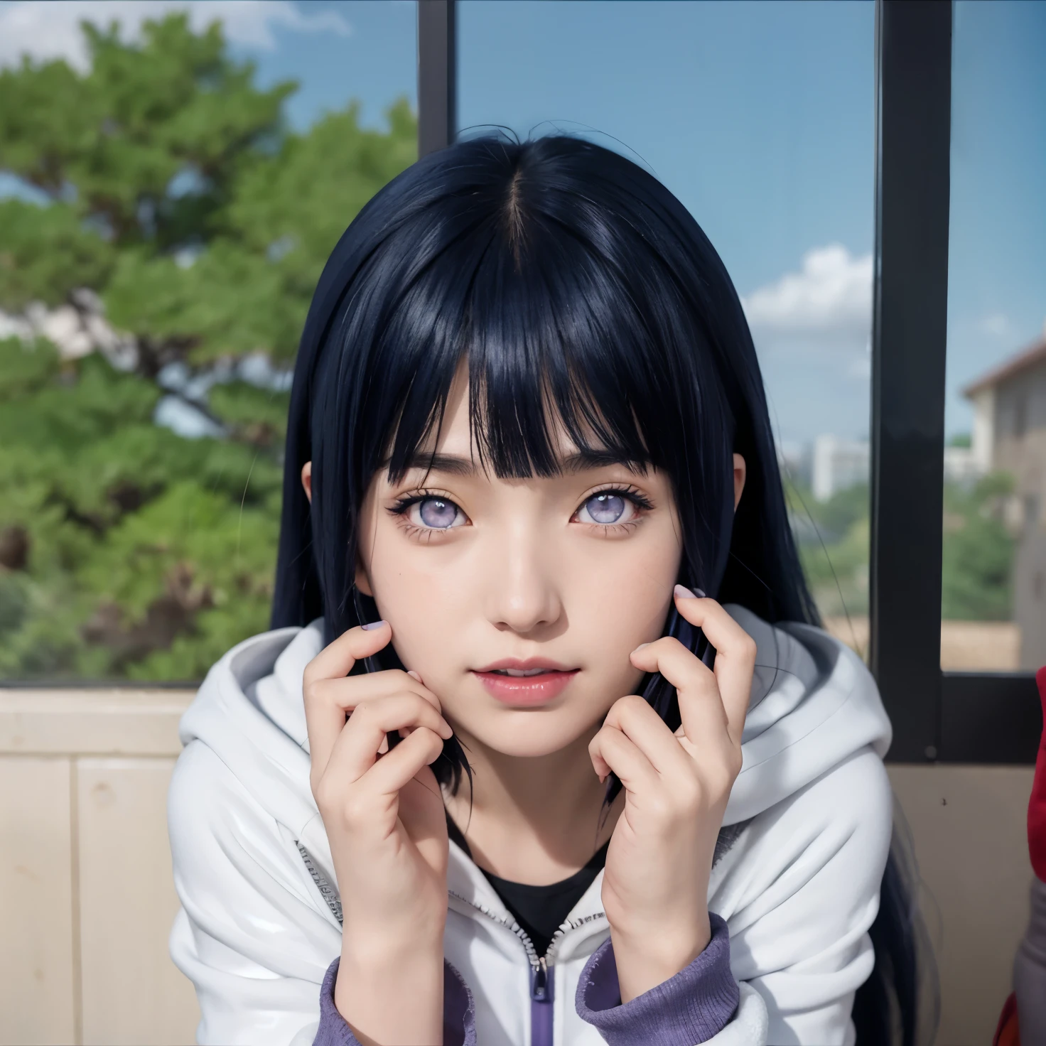 a close up of a person with long hair and a hoodie, hinata hyuga, hinata hyuga from naruto, from naruto, as an anime character, perfect anime face, she has dark blue hair with bangs, female anime character, anime character, anime best girl, hime cut hairstyle, dark blue hair, (red glossy lips:1.3), light purple eyes, smile, (beautiful face:1.3)