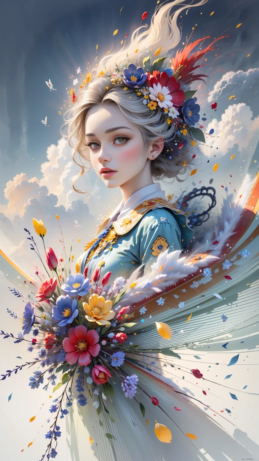 (((White cloud background))), (((high saturation))), ((Surrounded by brilliant colors)))) super detailed, Beautiful and beautiful, masterpiece, best quality, (tangled, mandala, tangled, twist), (Fractal art: 1.3), 1 girl, Very detailed, dynamic angle, cowboy shooting, Chaos in its most beautiful form, elegant, brutalist design, bright colors, romanticism, Michael Mraz, Adrian Gurney, Petra Courtright, Atmospheric, ecstatic notes, Mobile phone notes are visible