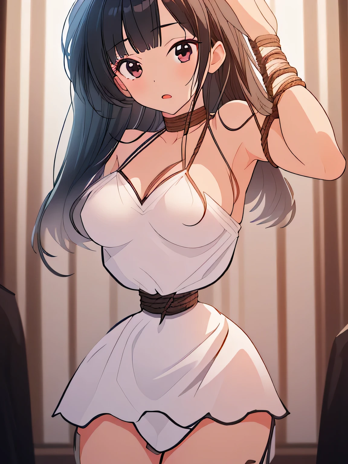 ((masterpiece)), ((highest quality)), (super detailed), torture chamber,(((Waist bound tightly with rope))),pretty girl, 1 girl, alone, white slip dress,beautiful black hair, (beautiful black eyes), long hair, expression of agony