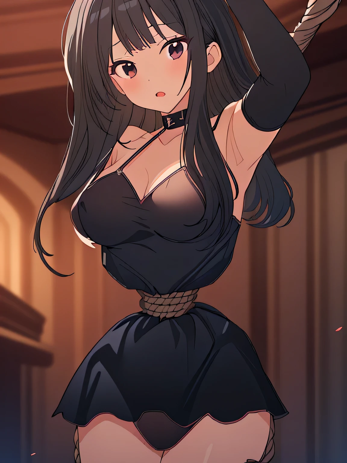 ((masterpiece)), ((highest quality)), (super detailed), torture chamber,(((Waist bound tightly with rope))),pretty girl, 1 girl, alone, white slip dress,beautiful black hair, (beautiful black eyes), long hair, expression of agony