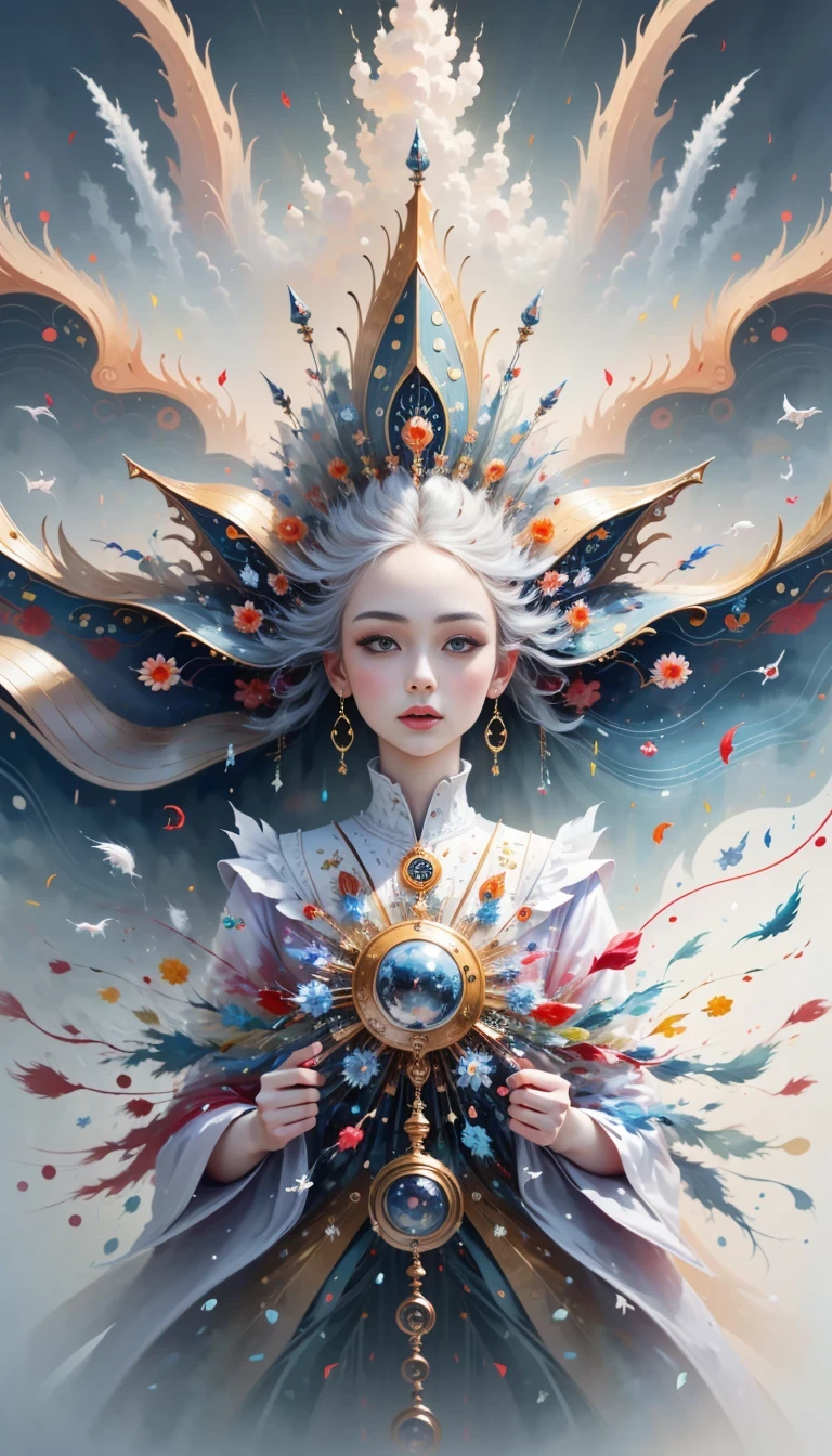 (((White cloud background))), (((high saturation))), ((Surrounded by brilliant colors)))) super detailed, Beautiful and beautiful, masterpiece, best quality, (tangled, mandala, tangled, twist), (Fractal art: 1.3), 1 girl, Very detailed, dynamic angle, cowboy shooting, Chaos in its most beautiful form, elegant, brutalist design, bright colors, romanticism, Michael Mraz, Adrian Gurney, Petra Courtright, Atmospheric, ecstatic notes, Mobile phone notes are visible