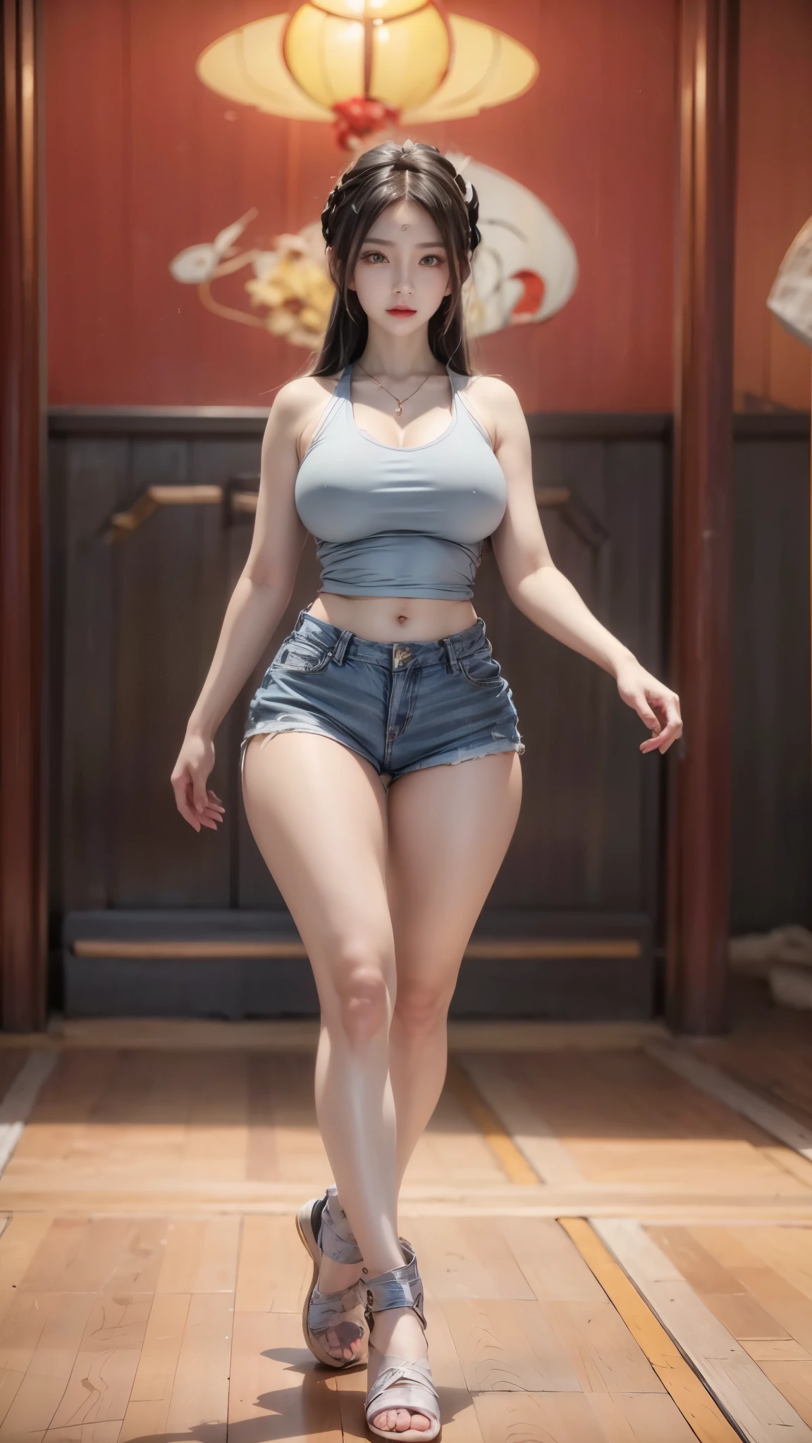realistic, 1 women, best quality, 12k, Per HD, 1080p, wear Allstars shoes, long hair, big round breasts, cleavage, ponytail, necklace, jewelry, shorts, short jacket, slim hips, hair tie, yellow eyes, black hair, super detailed, Eye details, hair details, person details, mouth details, face details, breast details, clothes details, hair details, pants details, hand details, whole body
