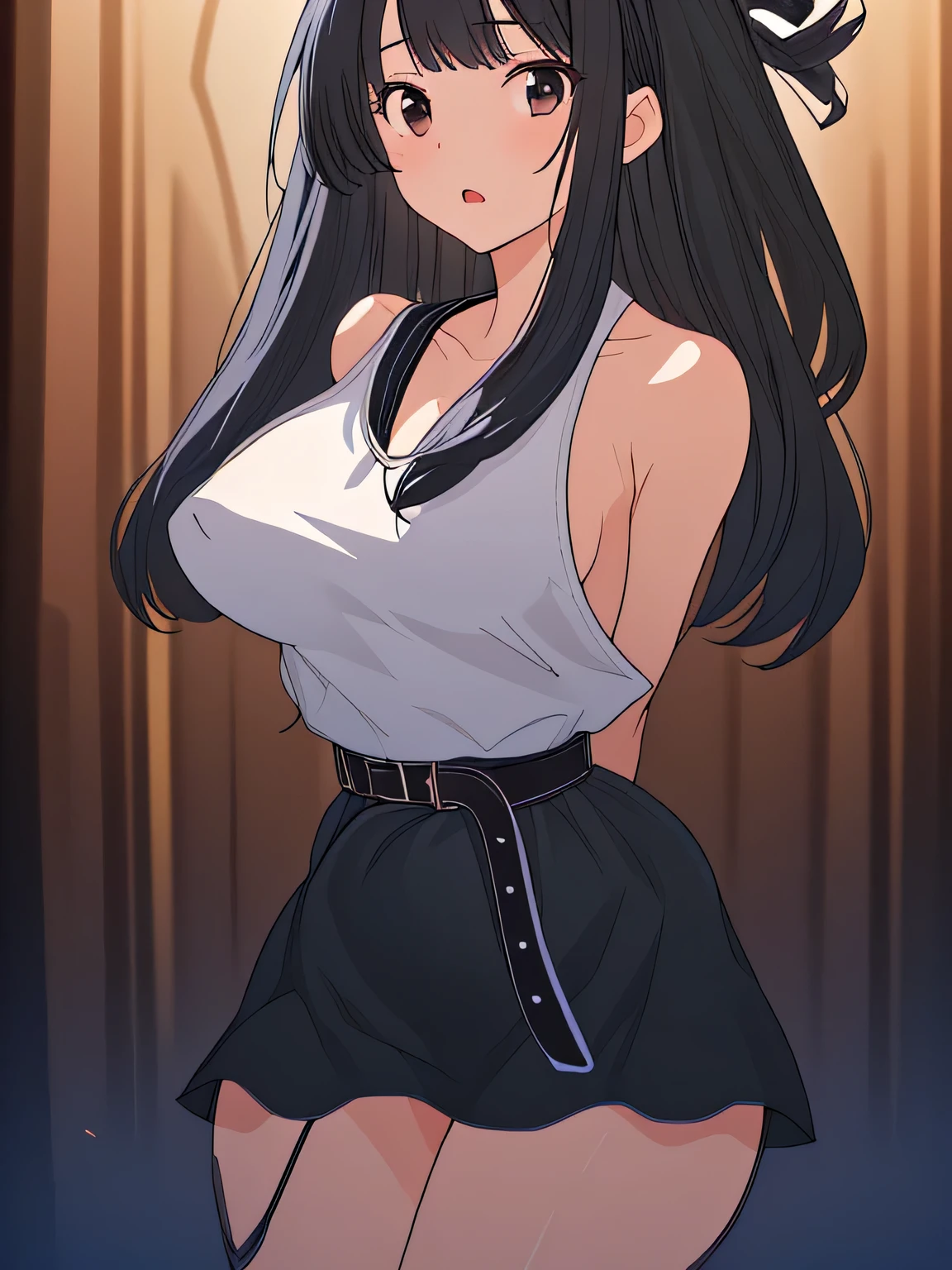 ((masterpiece)), ((highest quality)), (super detailed), torture chamber,(((belt that tightens the waist))),pretty girl, 1 girl, alone, white tank top dress,beautiful black hair, (beautiful black eyes), long hair, expression of agony