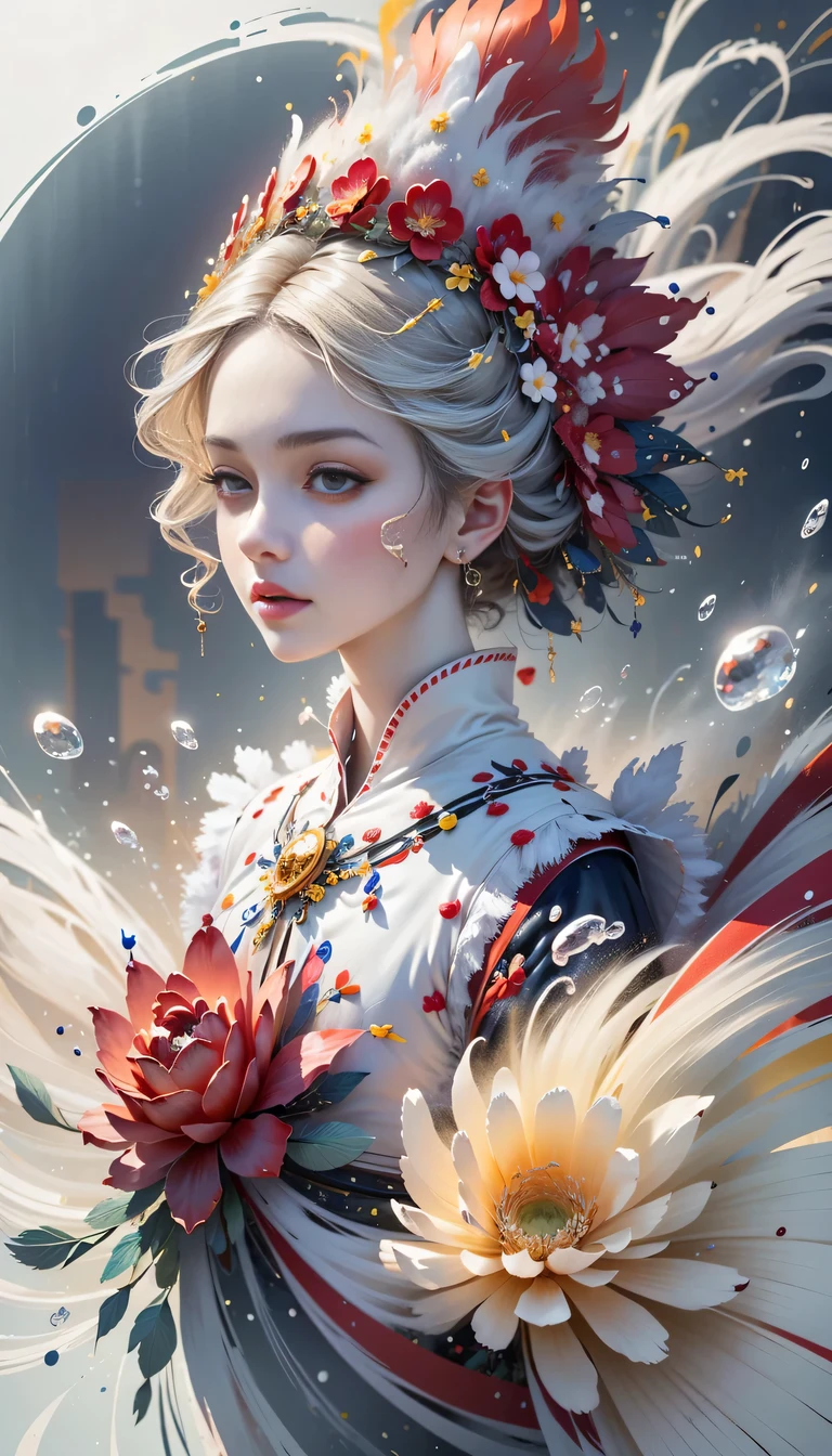(((White cloud background))), (((high saturation))), ((Surrounded by brilliant colors)))) super detailed, Beautiful and beautiful, masterpiece, best quality, (tangled, mandala, tangled, twist), (Fractal art: 1.3), 1 girl, Very detailed, dynamic angle, cowboy shooting, Chaos in its most beautiful form, elegant, brutalist design, bright colors, romanticism, Michael Mraz, Adrian Gurney, Petra Courtright, Atmospheric, ecstatic notes, Mobile phone notes are visible