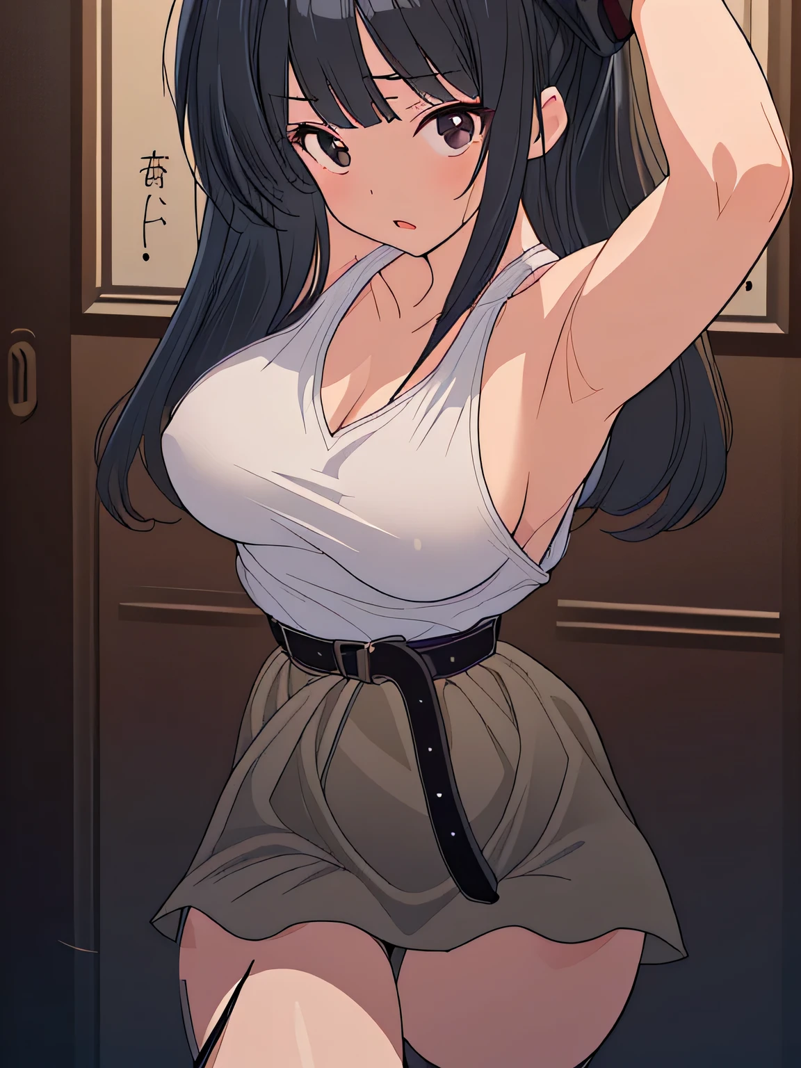 ((masterpiece)), ((highest quality)), (super detailed), torture chamber,(((belt that tightens the waist))),pretty girl, 1 girl, alone, white tank top dress,beautiful black hair, (beautiful black eyes), long hair, expression of agony