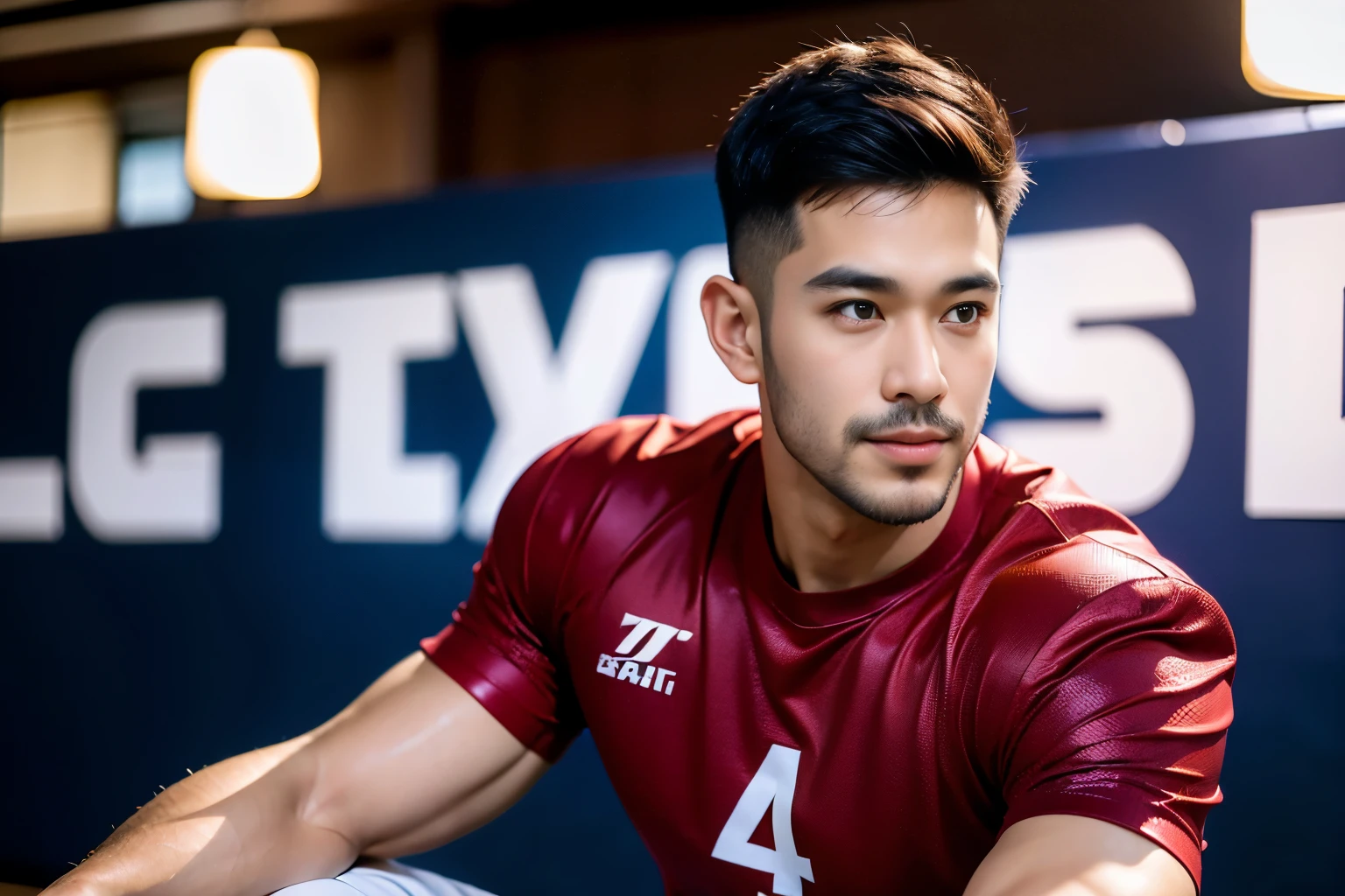 (Create a masterpiece: 1.2), (CGI art:1.3), (realistic:1.5), (After processing:1.3), (Sharp focus:1.3), 1 man, smile, (Wear a navy short-sleeved T-shirt.), short hair, Korea, facial hair, Indonesian, (High gloss details),Pectoral muscles, Big arm muscles, blood vessel, Big muscles, Broad shoulders, Sit on the football field.
