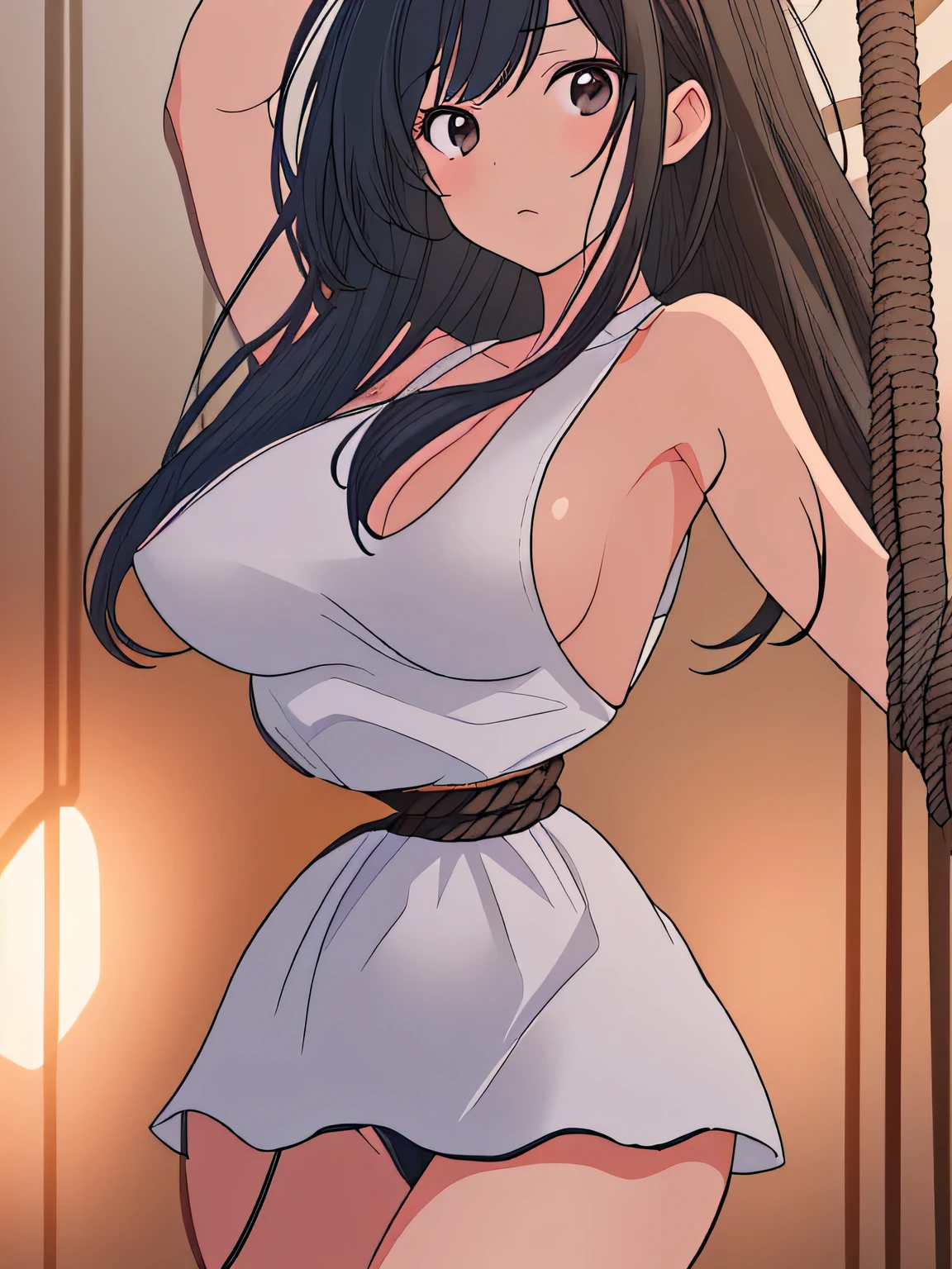 ((masterpiece)), ((highest quality)), (super detailed), torture chamber,(((Waist bound tightly with rope))),pretty girl, 1 girl, alone, white tank top dress,beautiful black hair, (beautiful black eyes), long hair, expression of agony