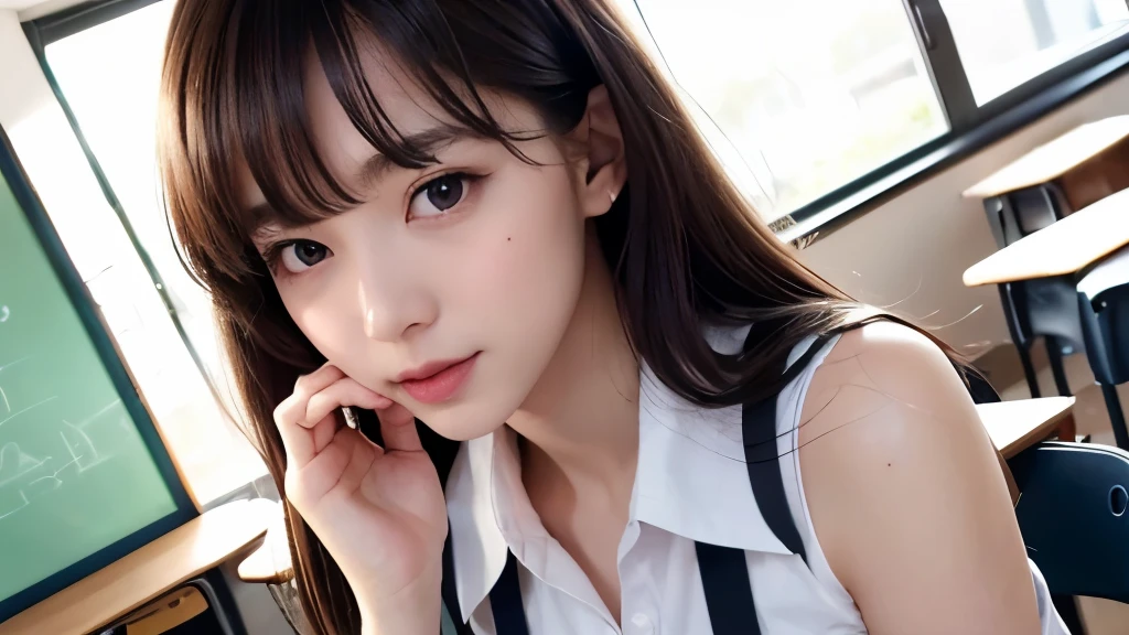 1girl in (super beautiful, breathtakingly lovely face: 1.2),
slowly undressing, (school uniform: 1.1), (high-school uniform: 1.3),
dark blue pleated skirt, (suspenders: 1.2), white blouse,
buttoning it down, (in a classroom: 1.3), eyes filled with determination,
(looking at the mirror: 1.2), (at an angle: 1.4),
Voluminous curls cascading over her shoulders, (bare shoulders: 1.2),
pale skin glowing under the dim light,
(clearly visible