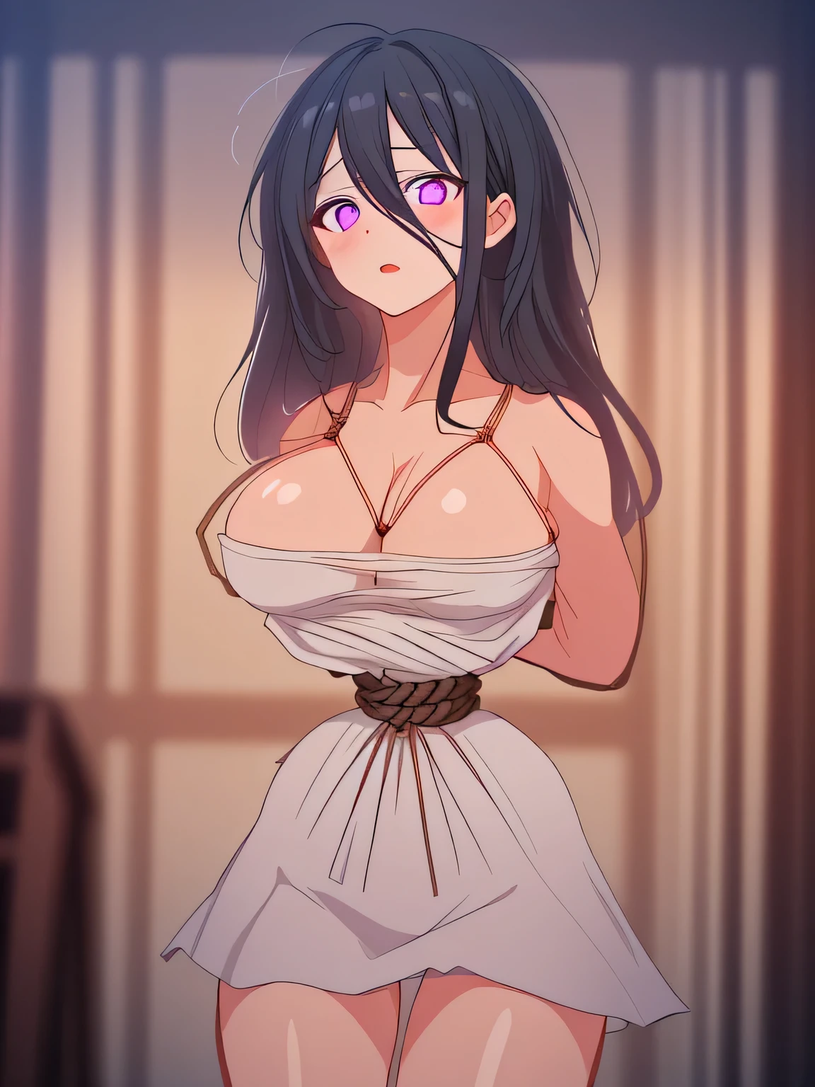 ((masterpiece)), ((highest quality)), (super detailed), torture chamber,(((Waist bound tightly with rope))),pretty girl, 1 girl, alone, white slip dress,beautiful black hair, (beautiful purple eyes), long hair, expression of agony