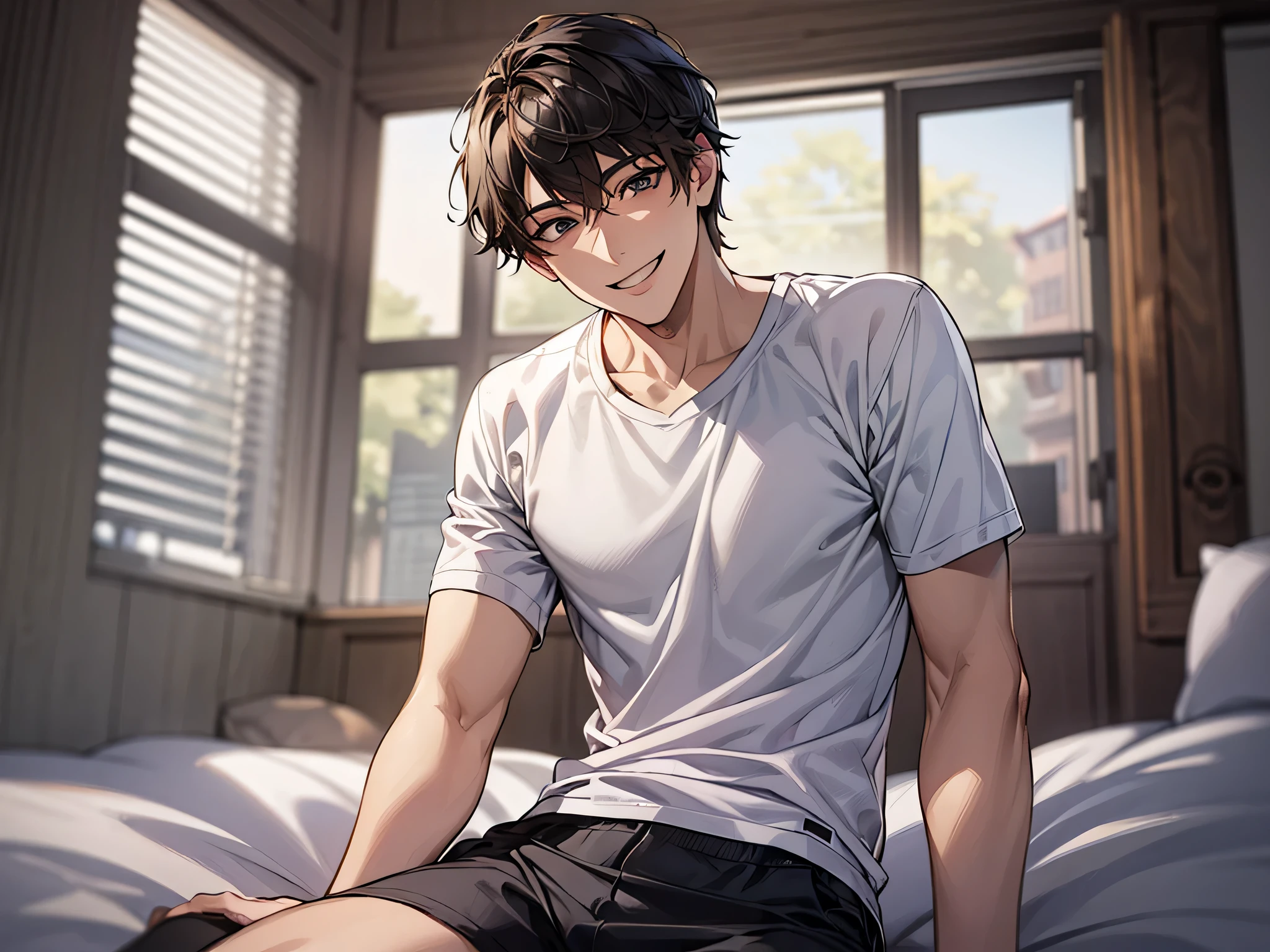 male,masterpiece, high quality, , hd,perfect lighting, detailed face, detailed body, 1 person, short black hair, white t-shirt, (smile: 1.5), sitting, bed, (night