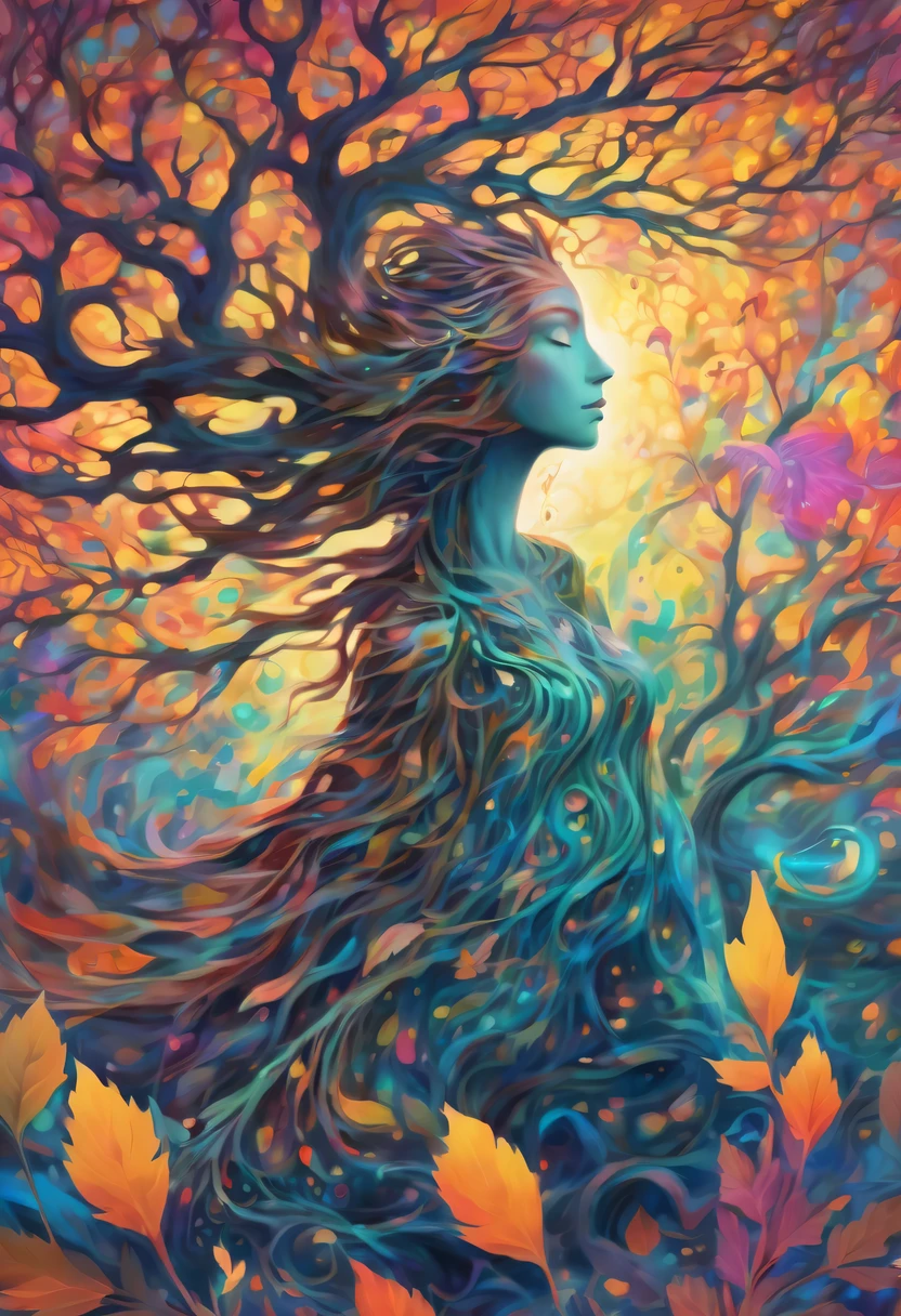 high resolution, Psychedelic style tree woman, bright colors, glowing eyes, flowing branches, ethereal atmosphere, surreal landscape, intricate details, Leaves and flowers dance in the wind, magical aura, wisps of light and color around the tree man, beautiful landscape, Mysterious and fascinating existence, otherworldly beauty, Calm and peaceful expression, art inspired by nature, Surrealist elements, Myth and fantasy imagery.