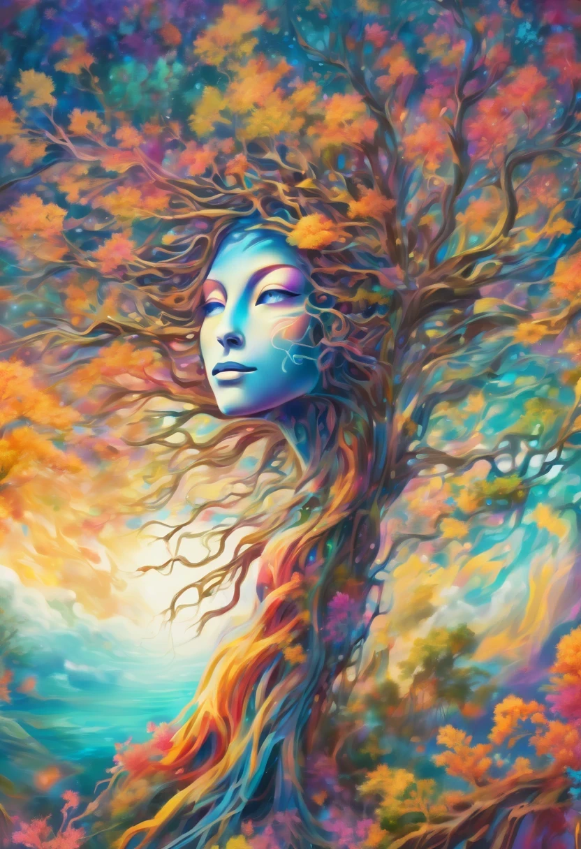 high resolution, Psychedelic style tree woman, bright colors, glowing eyes, flowing branches, ethereal atmosphere, surreal landscape, intricate details, Leaves and flowers dance in the wind, magical aura, wisps of light and color around the tree man, beautiful landscape, Mysterious and fascinating existence, otherworldly beauty, Calm and peaceful expression, art inspired by nature, Surrealist elements, Myth and fantasy imagery.