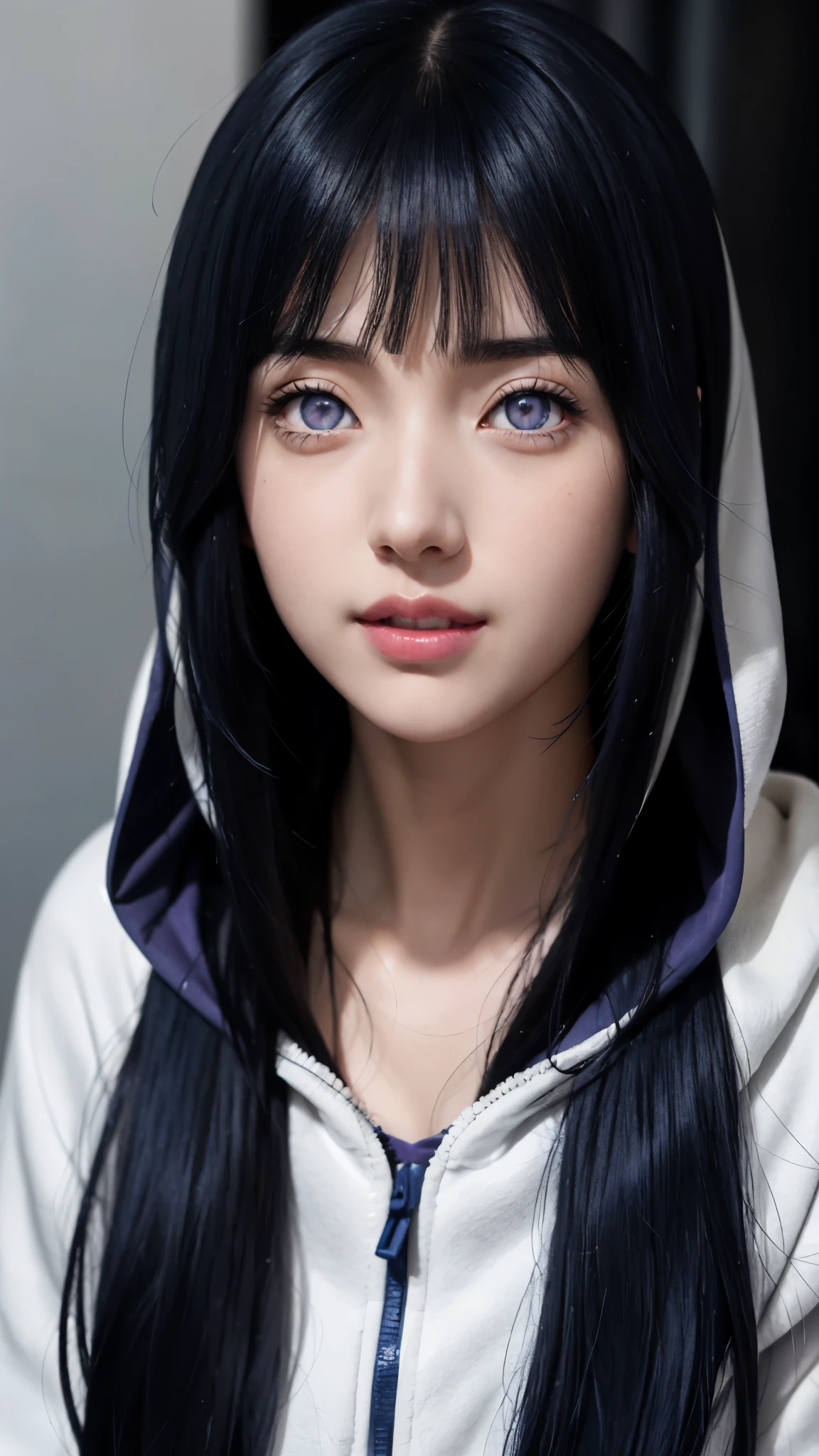 a close up of a person with long hair and a hoodie, hinata hyuga, hinata hyuga from naruto, from naruto, as an anime character, perfect anime face, she has dark blue hair with bangs, female anime character, anime character, anime best girl, hime cut hairstyle, dark blue hair, (red glossy lips:1.3), light purple eyes, smile, (beautiful face:1.3)