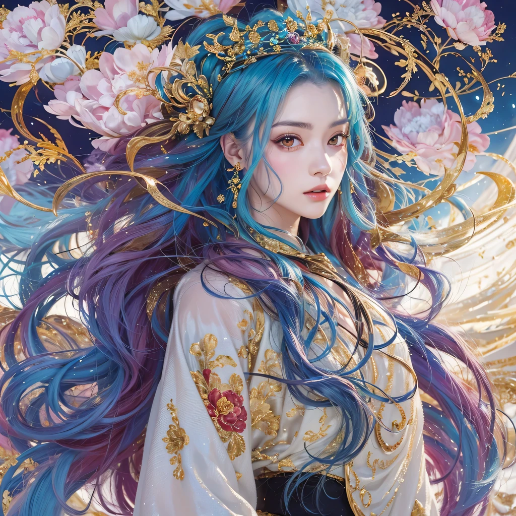 浅蓝 blue colors，enamel，红agates，A flesh-colored world，Blood Blue Maiden 32k（masterpiece，HD，Aoyama Pond，Ultra high quality，32k）Elegant and bright red and blue long hair，blood pool，Ziddink， a color，Grumpy （After greeting）， （Linen scarf）， fighting stance， looking at the ground， long white hair， Floating bright blue， Fire cloud gold headdress， Chinese long-sleeved gold silk burgundy garment， （Abstract metaverse splash：1.2）， White background，Peony flower vitality protector（realistically：1.4），bright purple hair，Smoke on the road，The background is very pure， high resolution， detail， RAW photos， Sharp Re， Nikon D850 film photo by Jefferies Lee 4 Kodak Portra 400 camera F1.6 guns, colorful, Ultra-realistic and vivid textures, dramatic lighting, Unreal Engine Art Station Trend, Sinest 800，A girl with long flowing bright blue hair，huge colorful bubbles