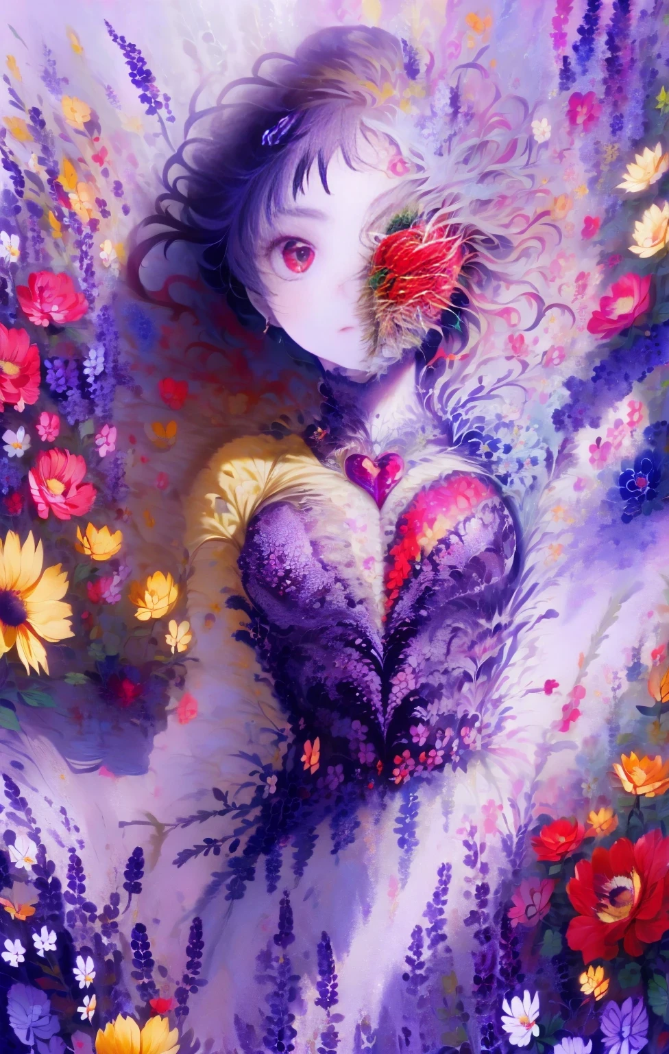 ((masterpiece,best quality))miss,Face, colorful,(,breast enlargement) ,Flower nails,flowers, iris, Heart, purple,from below,dark Background,Back,Infected Face