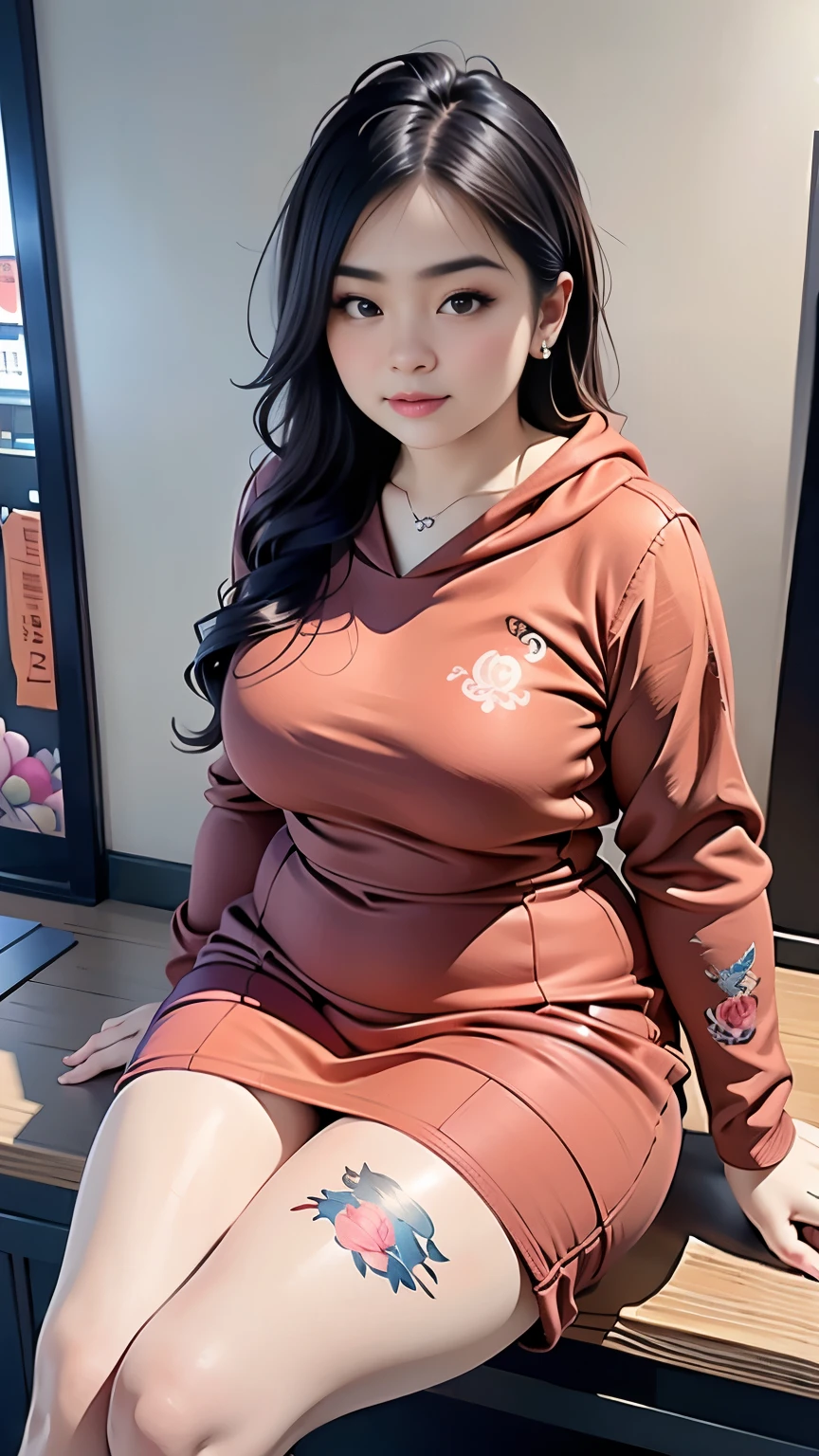 there is a woman sitting down with a longest brown hair, bbwchan, thicc, brown hijab outfit, brown hairstyle model, korean girl, korean woman, wearing brown robe, full length shot, alluring plus sized model, japanese goddess, clothed in hooded, voluptuous and arousing, portrait shot, curvy model, voluptuous body, wonderful, nene tanaka body , bbwchan, The overall atmosphere is smooth , haunting illustrations, extremely high-resolution details, photographic, realism pushed to extreme, fine texture, 4k, ultra-detailed, high quality, high contrast, red sneakers , cold atmosphere ,, cold atmosphere ,, ((Detailed texture of tattooed skin)), tattoo round breasts, irezumi tattoo style, tattoo on breasts, tttattoo, showing her thigh , tattoo on thigh, a close up of a woman with tattoos on her body, inked, tattooed body, fully tattooed body, tattooed, full-body tattoos, full - body tattoos, , full body tattoo, with tattoos, , tattoos, tattoos all over the skin, tattoos and piercings, ((Neka: 0.45)) LoRA, {{Big brother&#39;s tattooed woman Iremuzi tattoo style v1.0: 0.91}},, ((BohoAI v1.0 : 0.45))