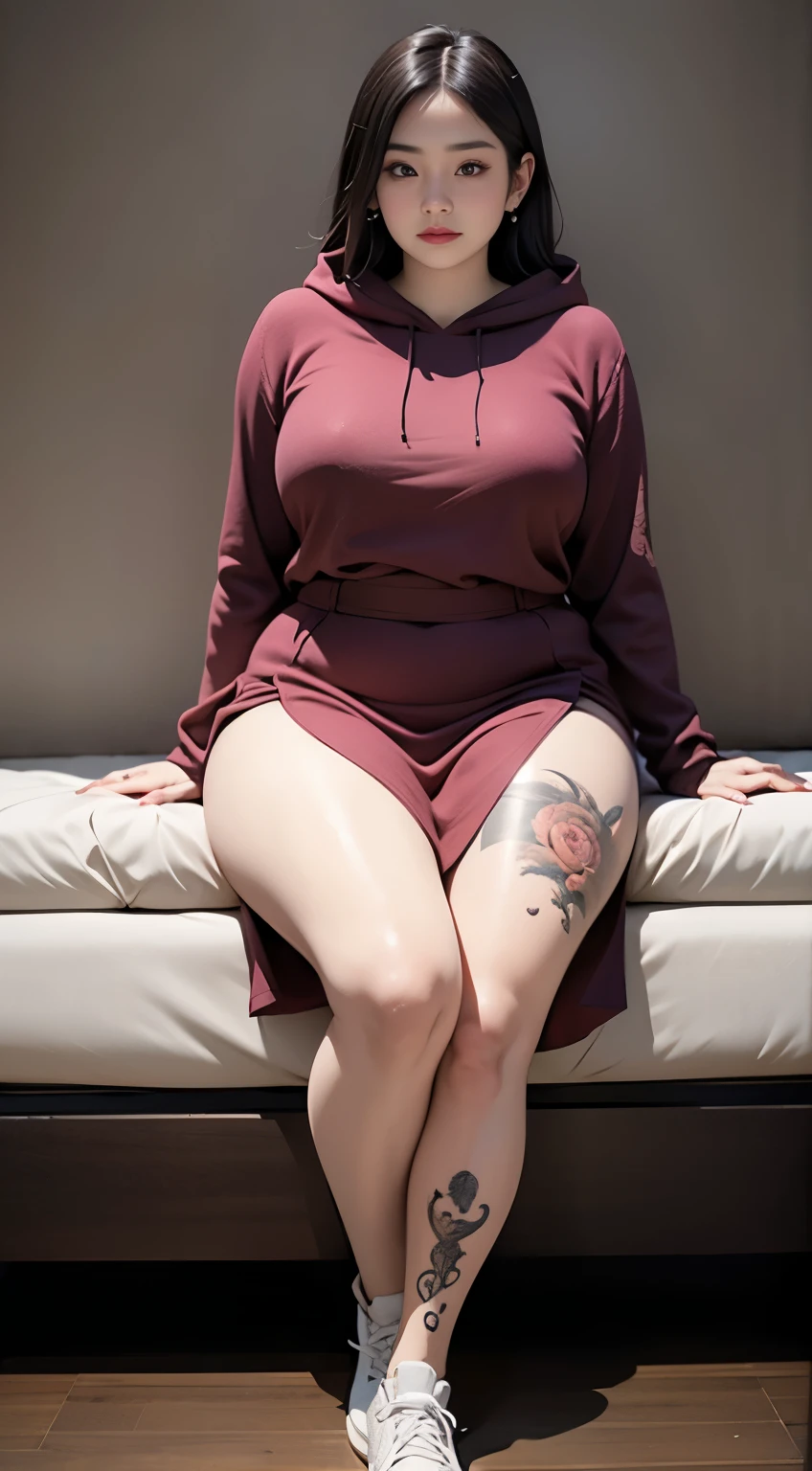 there is a woman sitting down with a longest brown hair, bbwchan, thicc, brown hijab outfit, brown hairstyle model, korean girl, korean woman, wearing brown robe, full length shot, alluring plus sized model, japanese goddess, clothed in hooded, voluptuous and arousing, portrait shot, curvy model, voluptuous body, wonderful, nene tanaka body , bbwchan, The overall atmosphere is smooth , haunting illustrations, extremely high-resolution details, photographic, realism pushed to extreme, fine texture, 4k, ultra-detailed, high quality, high contrast, red sneakers , cold atmosphere ,, cold atmosphere ,, ((Detailed texture of tattooed skin)), tattoo round breasts, irezumi tattoo style, tattoo on breasts, tttattoo, showing her thigh , tattoo on thigh, a close up of a woman with tattoos on her body, inked, tattooed body, fully tattooed body, tattooed, full-body tattoos, full - body tattoos, , full body tattoo, with tattoos, , tattoos, tattoos all over the skin, tattoos and piercings, ((Neka: 0.45)) LoRA, {{Big brother's tattooed woman Iremuzi tattoo style v1.0: 0.91}},, ((BohoAI v1.0 : 0.45))