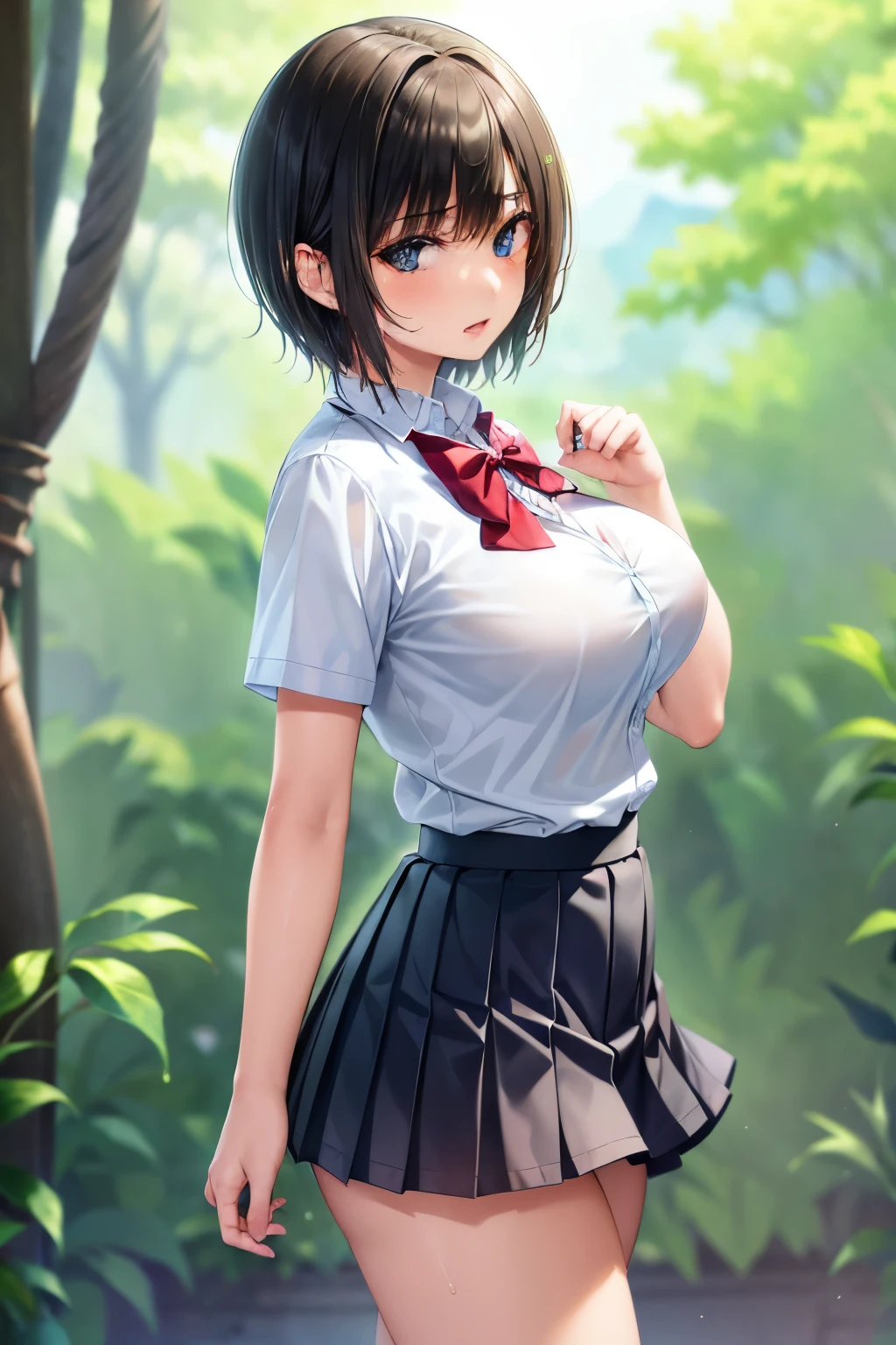 (masterpiece, highest quality, super detailed) (1boy and 1girl:1.5), (sumika), shota, 1boy, 1girl, breasts, hetero, solo focus,, pov (slim:1.7), short hair, black hair, (big breasts:1.5), raised, Wet , Sweat, beautiful face, (Big eyes:1.5), cute, fog, (school uniform:0.6), (white shits:1.4), (Pleated skirt:1.4) (from side:1.5), JP SCHOOL UNIFORM, bra showing through clothes, pink bra, JS_ShortSkirt, (micro mini skirt)