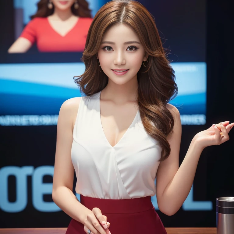 ((highest quality, table top, 超A high resolution、the most complex and detailed depiction))、1 female announcer、Announcer introducing the news、(One screen in the background:1.3)、upper body photo、look at me、best smile、detailed face、Perfectly reproduce detailed news content、perfect news tv show background、Classy V-neck tops and classy skirts、long wavy hair